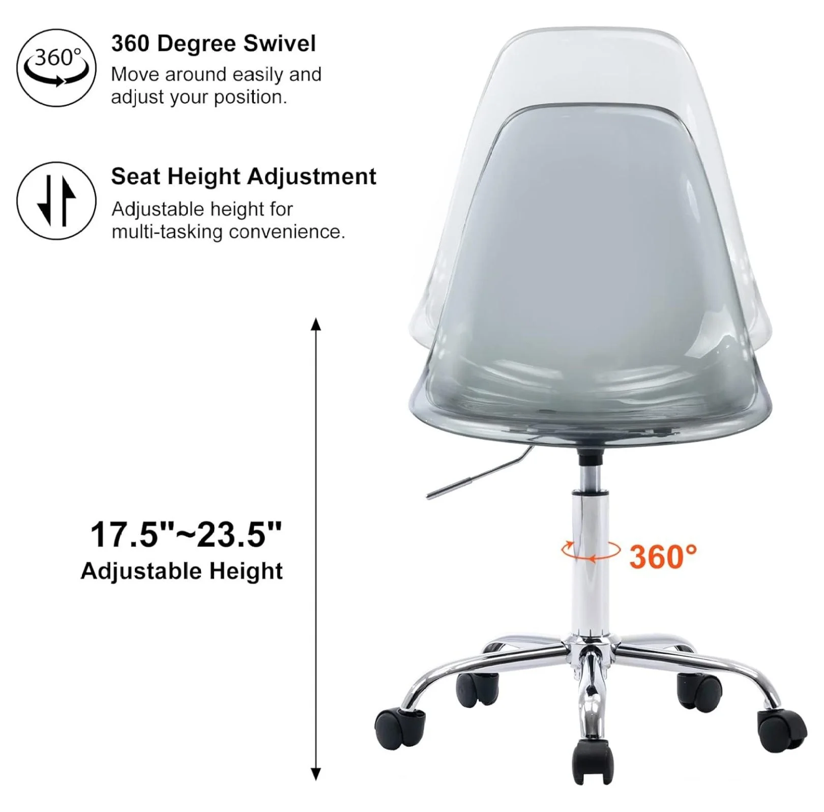 Echoworld Clear Rolling Chair, Armless Desk Chair with Golden Feet Swivel Molded Plastic Shell Adjustable Home Office Chair with Wheels, Clear