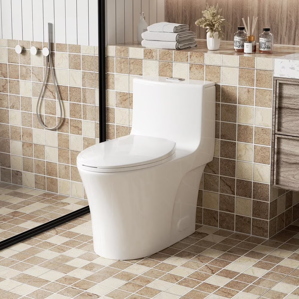 Spaco 1.1/1.6 GPF Dual Flush One-Piece Toilet, Button on Tank top S-trap 12 inches, Elongated Bowl with Soft Close Seat, Water-Saving MAP 1000g, Comfort Chair Seat ADA Height, Light Gray