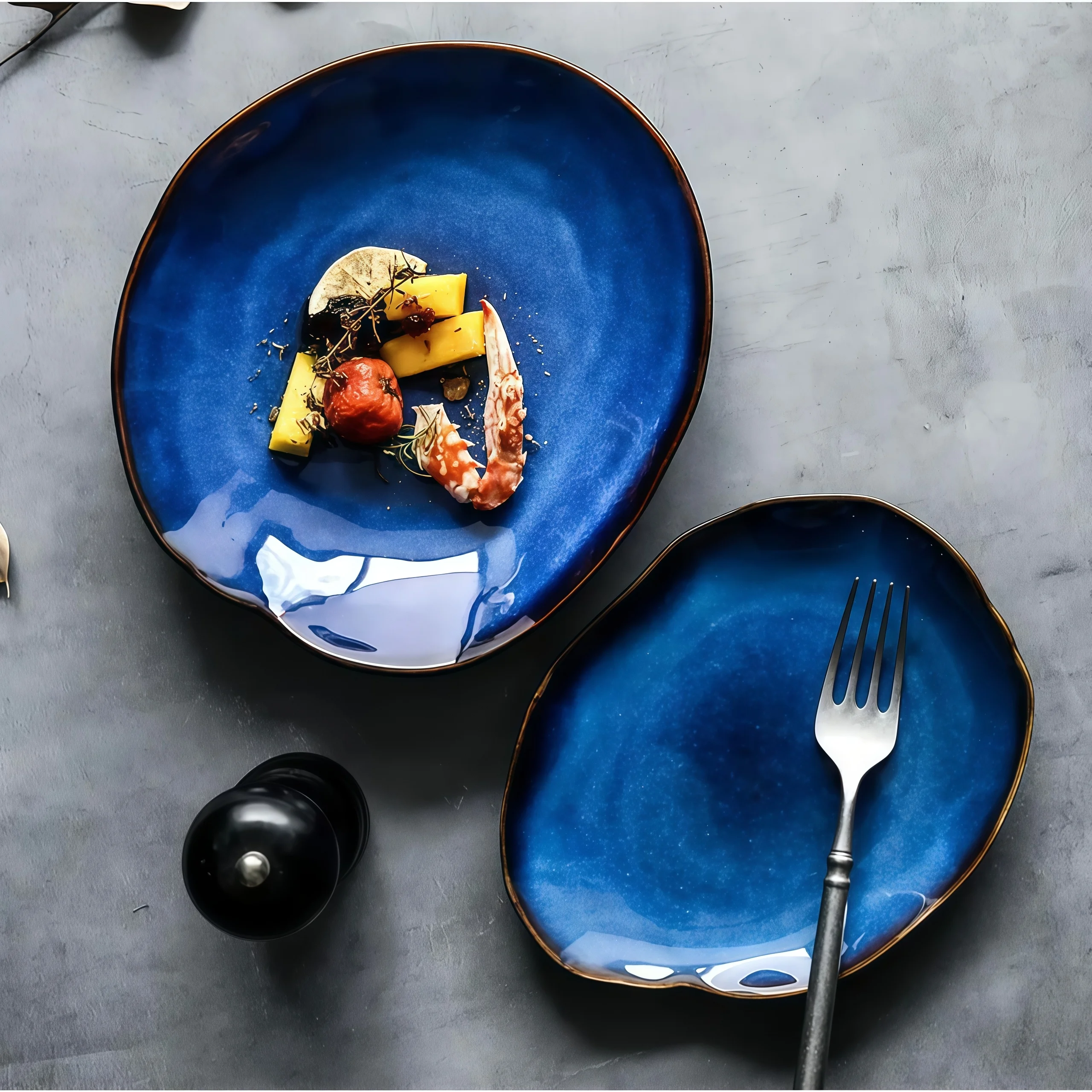 TAUFIKT 16pcs Nordic-style Ceramic Tableware Set, Blue Irregular Artistic Design Dinnerware