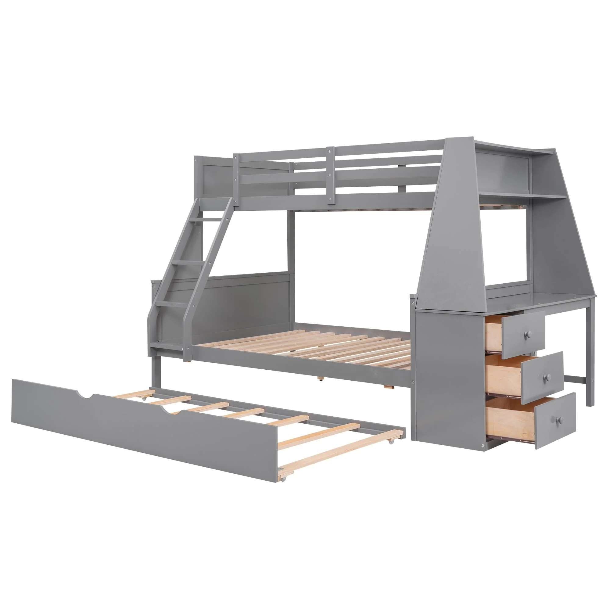EUROCO Twin over Full Bunk Bed with Trundle, Built-in Desk with Bookcase and 3 Drawers for Kids, Gray