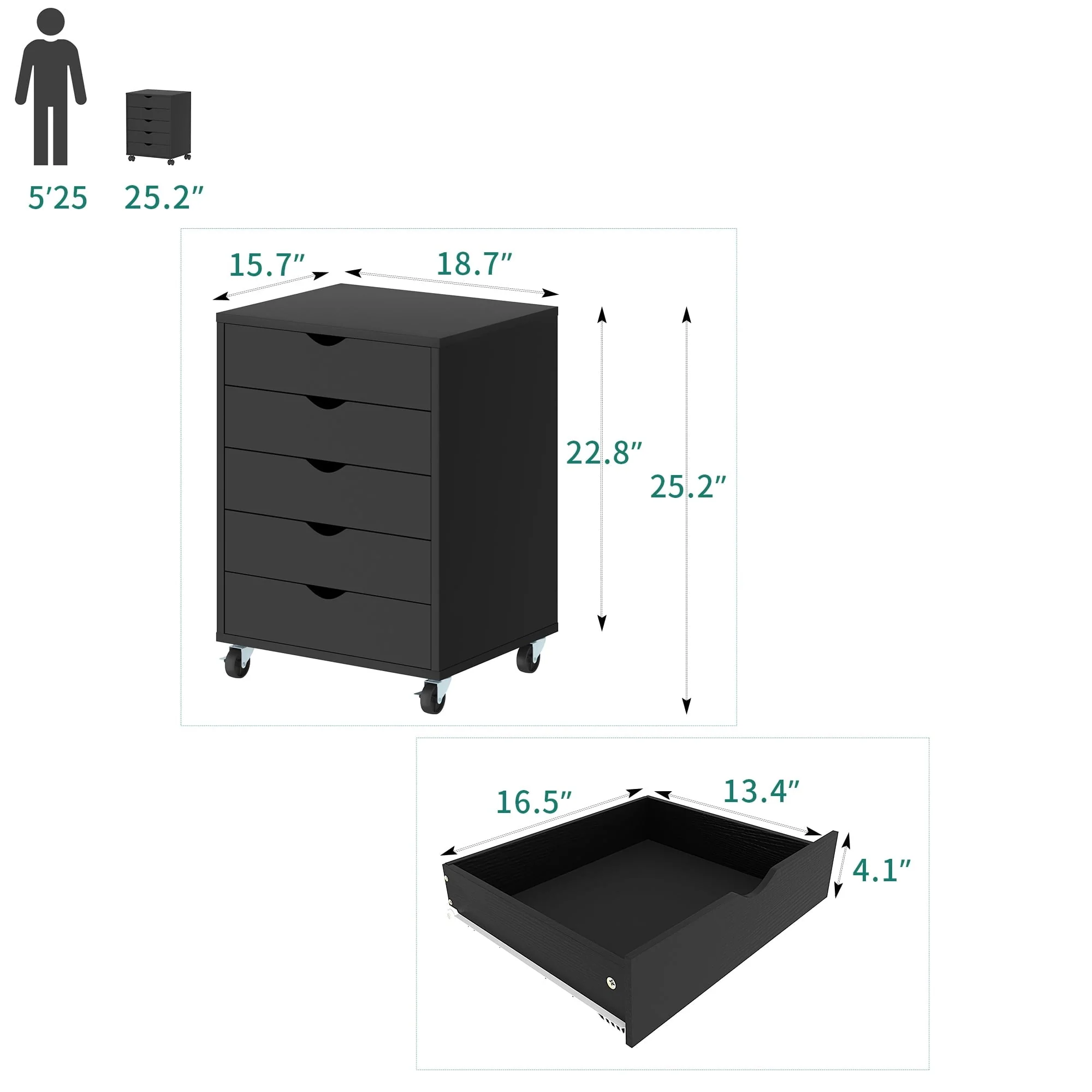 Dextrus 5-Drawer Wooden File Cabinet Chest Mobile Organizer Office Storage for Office Room,Black
