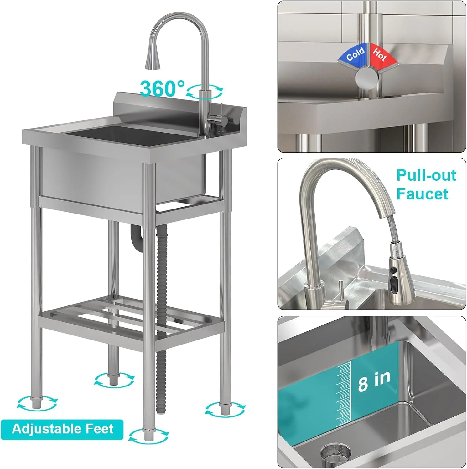 TROPOW 24x20x42 Inch Stainless Steel Utility Sink, Freestanding Single Bowl with Cold and Hot Water Hose and Faucet, Commercial Sink Kitchen Sink for Restaurant Laundry Room Bathroom Garage Garden