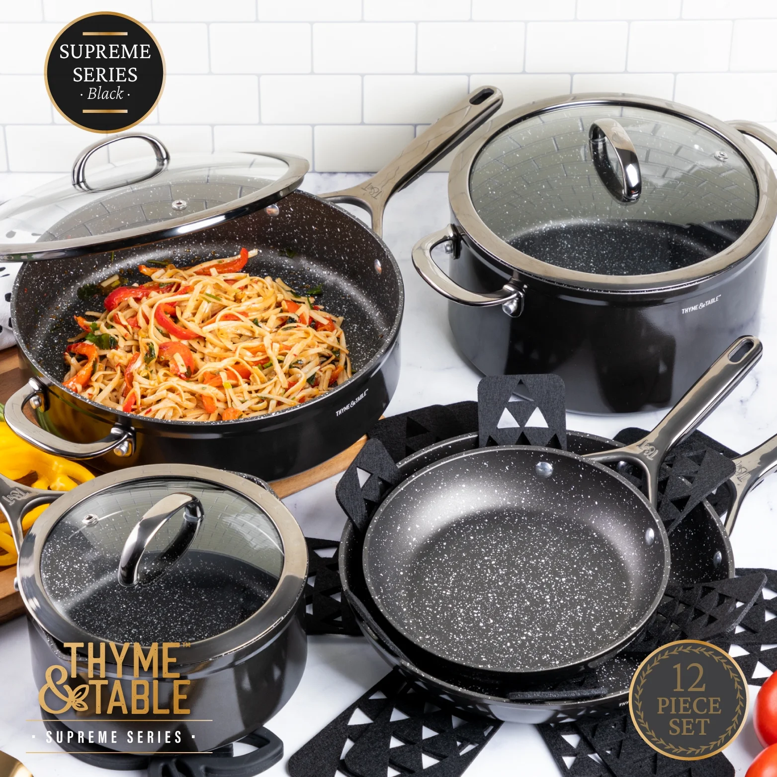 Thyme & Table 12-Piece Non-Stick Supreme Cookware Set, Pots and Pans Set - Cream