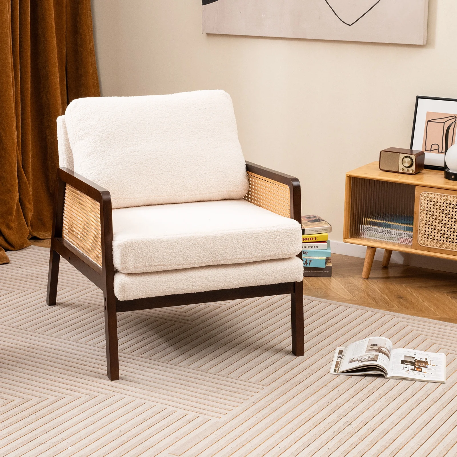Costway Mid Century Modern Accent Chair Living Room Armchair with Rattan Arms Wooden Frame Brown