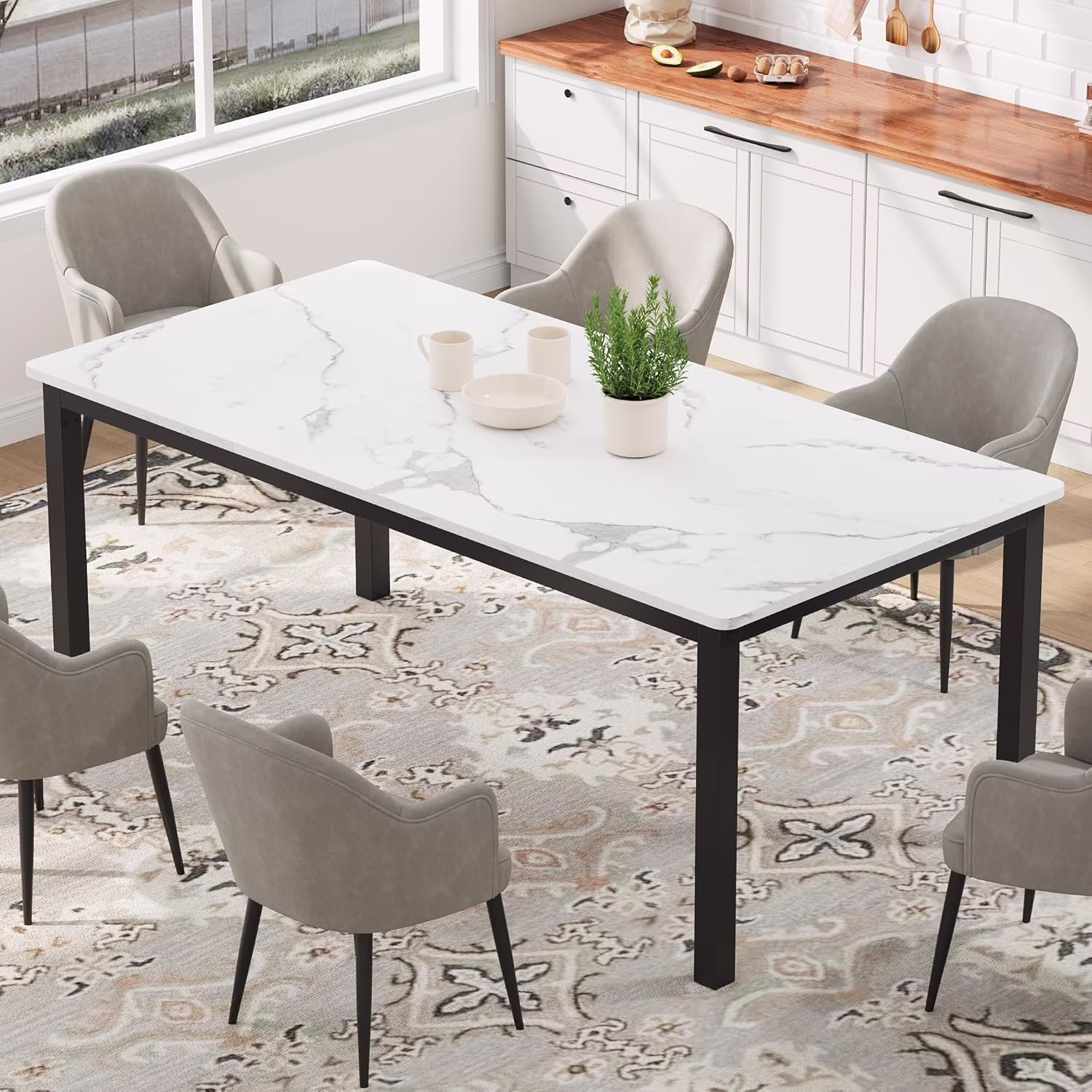 71 Inch Industrial Dining Table, Large Rectangle Kitchen Table with Metal Legs, Round Corners, Wooden Conference Tables Writing Desk for Dining Room, Living Room