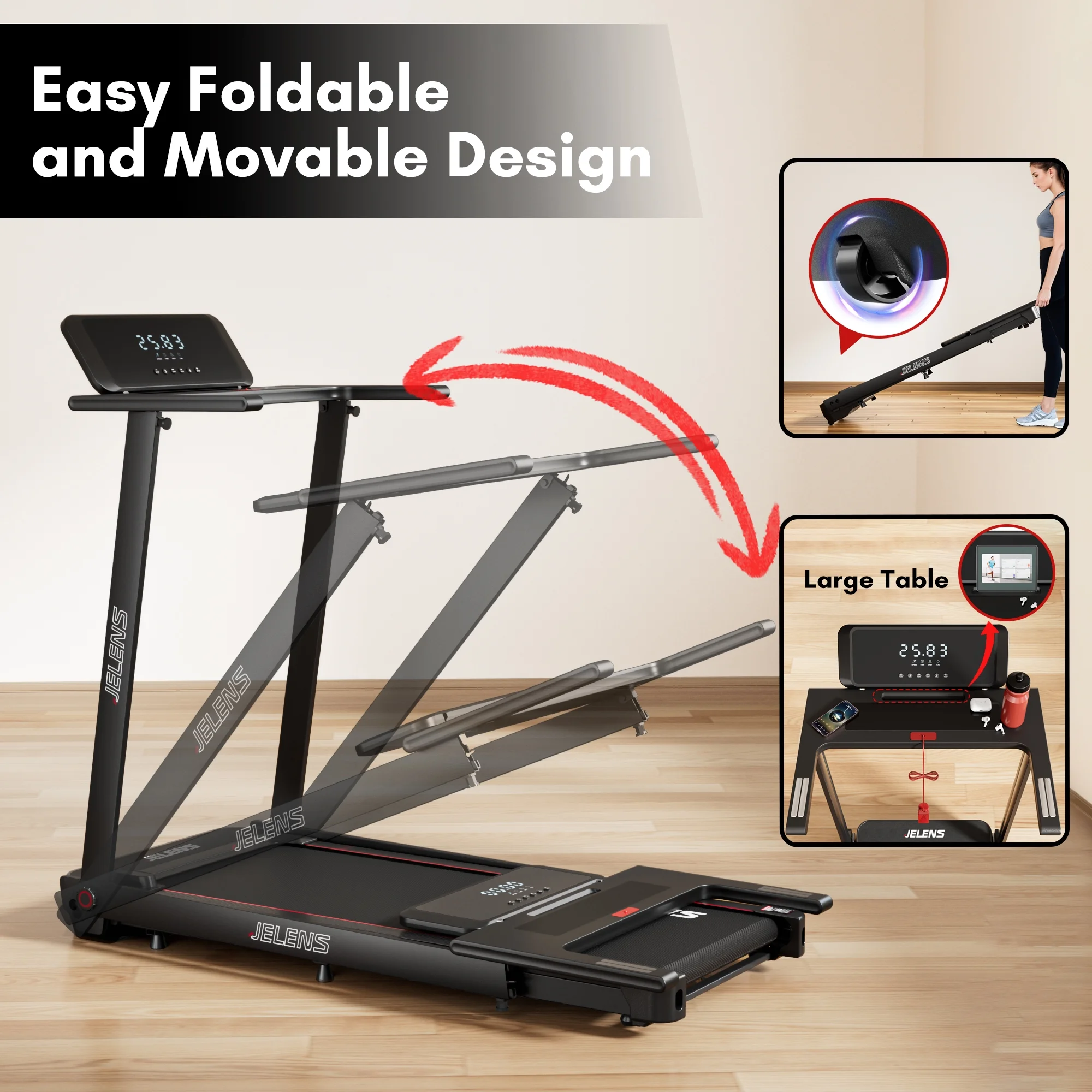 MITONOS Folding Treadmill with Desk. Foldable Treadmill for Home with 2.5HP Running Machine, Portable Walking Pad with LED and Desk Workstation for Home and Office