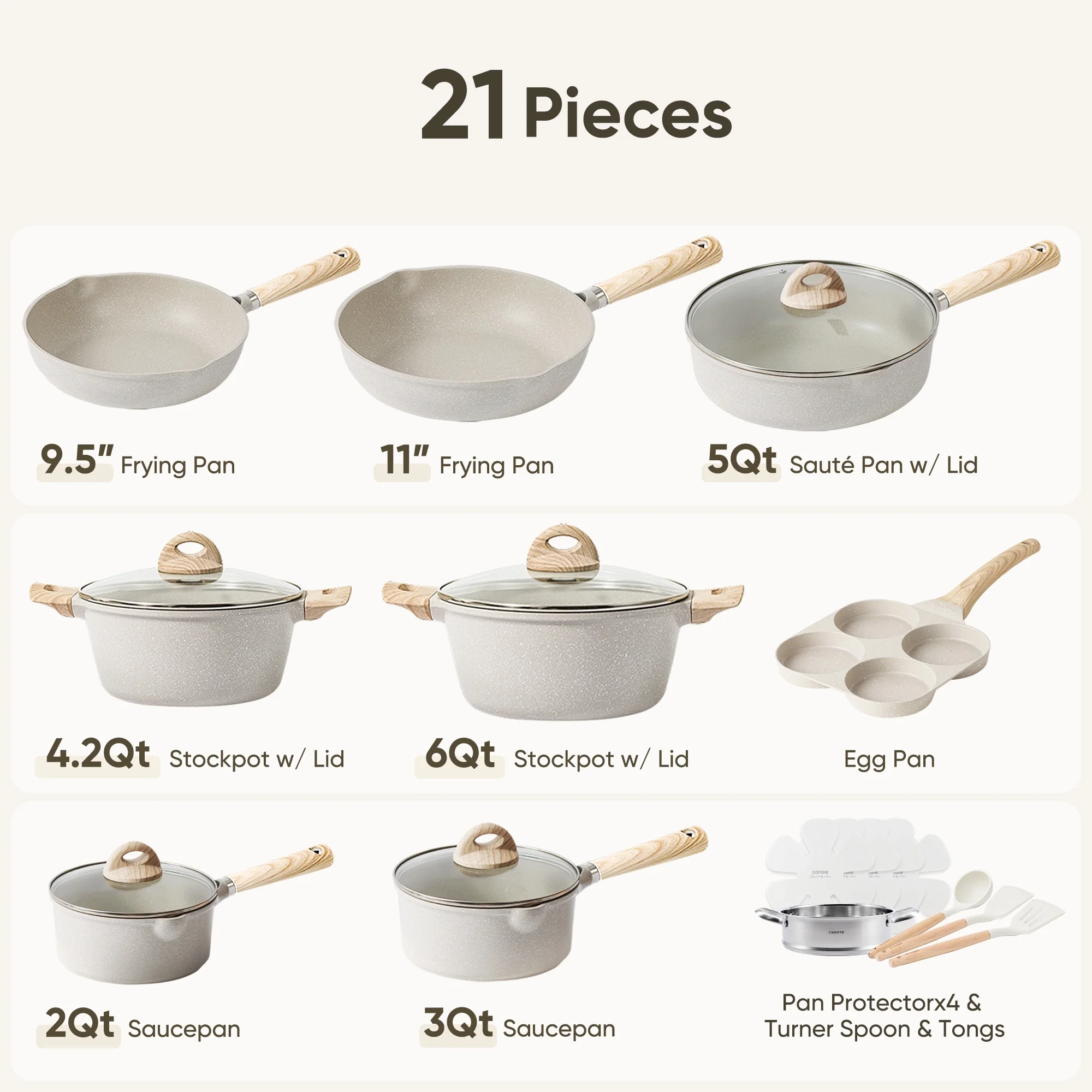 Carote Nonstick Cookware Set 21-Piece,Kitchen Pots and Pans Set,Stay-Cool Handles, Induction Compatible,Cookware Set for RV and Camping,Beige