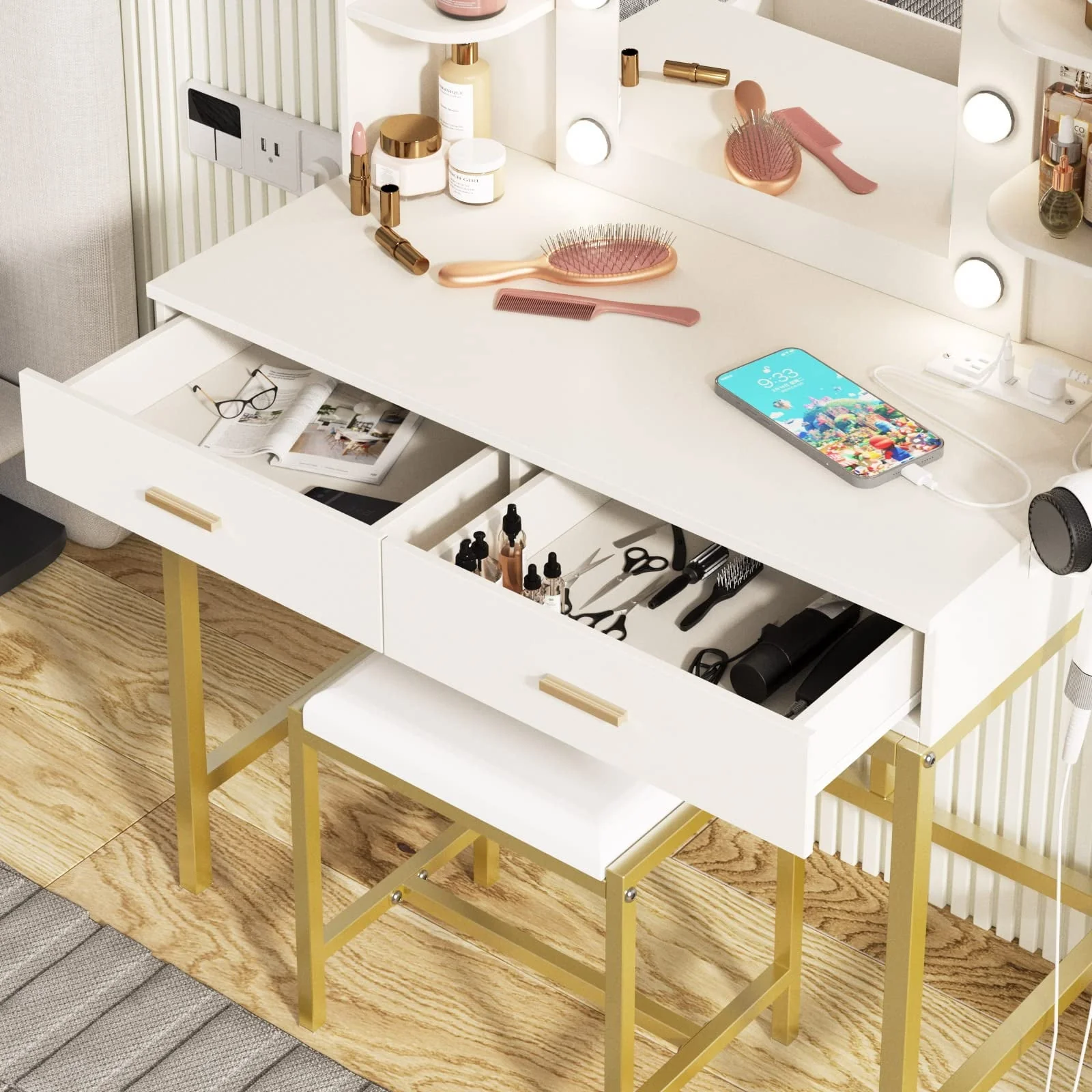 Makeup Vanity with Lighted Mirror & Power Strip, White Vanity Set Vanity Desk with Hair Dryer Holder, Modern Makeup Vanity 3 Lighting Colors, Brightness Adjustable, 35.5in(W)