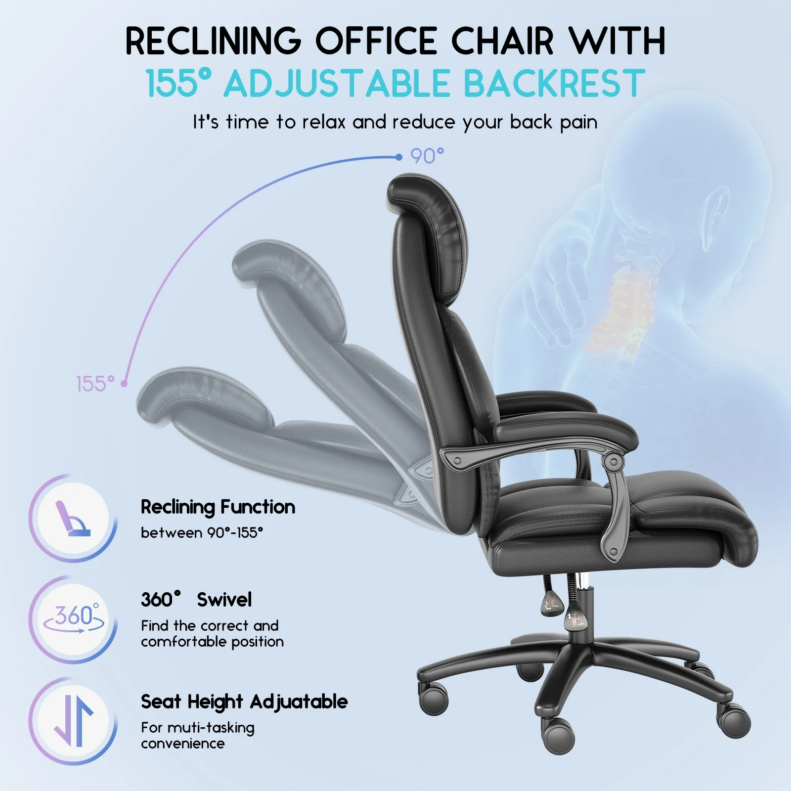 Solfway Big and Tall Office Chair 400LBS, High Back Black Leather Executive Office Chair, Computer Desk Chair with Adjustable Flip-up Arms, Wheels and Lumbar Support