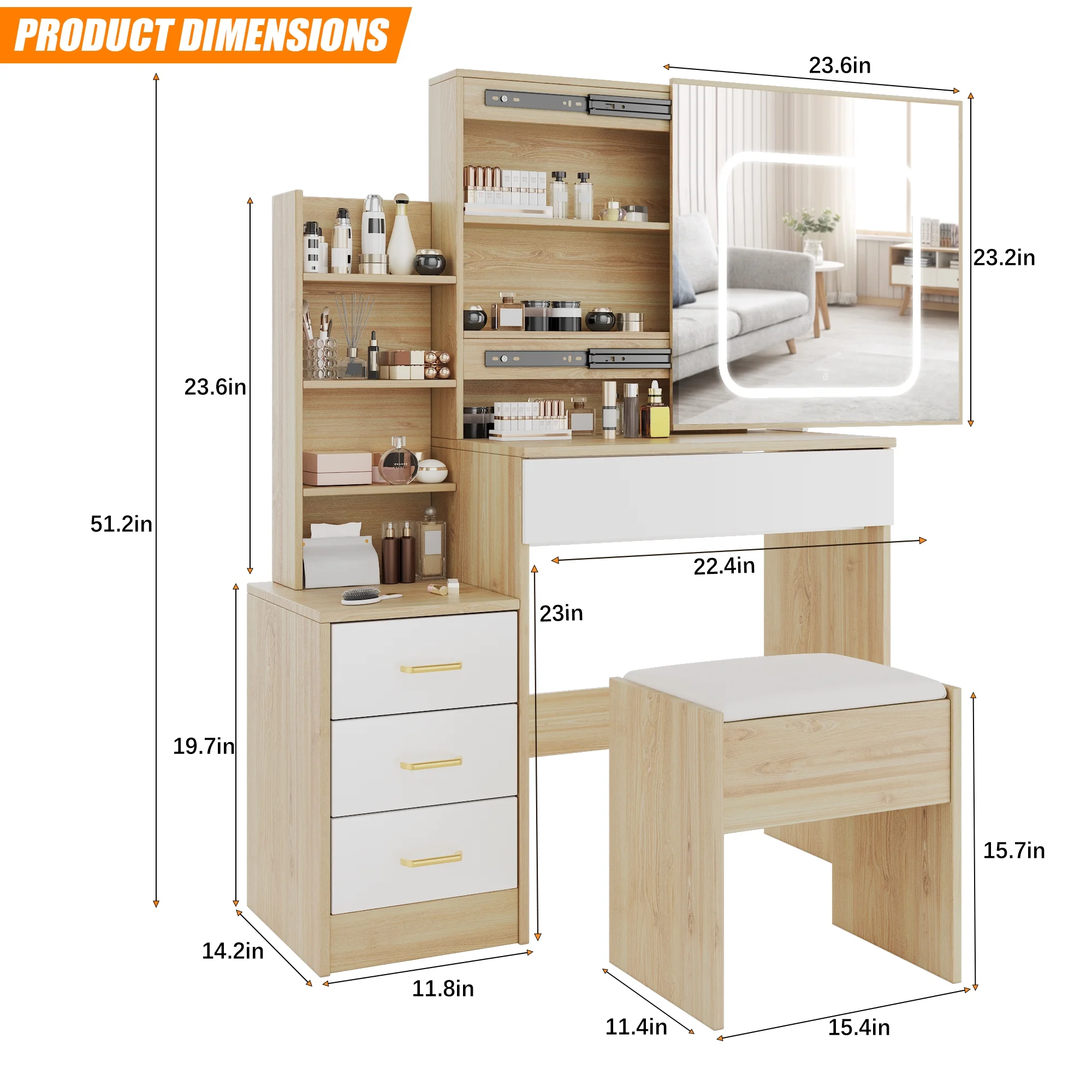 Vanity Desk with Sliding Mirror and Lights, Makeup Vanity Set with 4 Drawers, Stool, Power Outlet, Open Shelves, 3 Color Adjustable Lighting Modes, Makeup Dressing Table for Bedroom, White