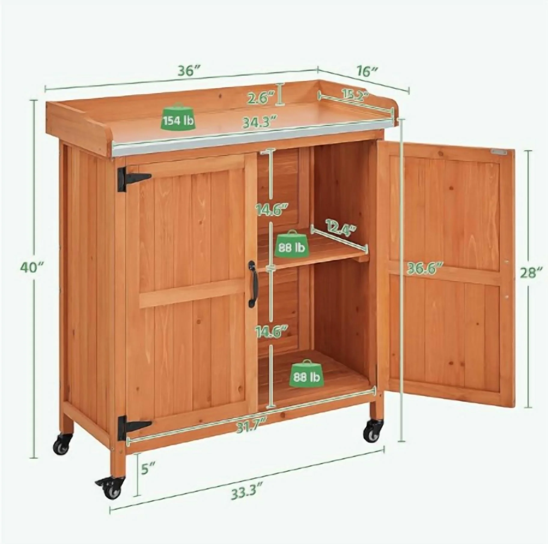 XgoodX Garden Potting Bench Table, Outdoor Garden Horticultural Wooden Storage Cabinet & Solid Wood Planting Work Bench with Large Space Storage & Metal-Plated Tabletop, Brown