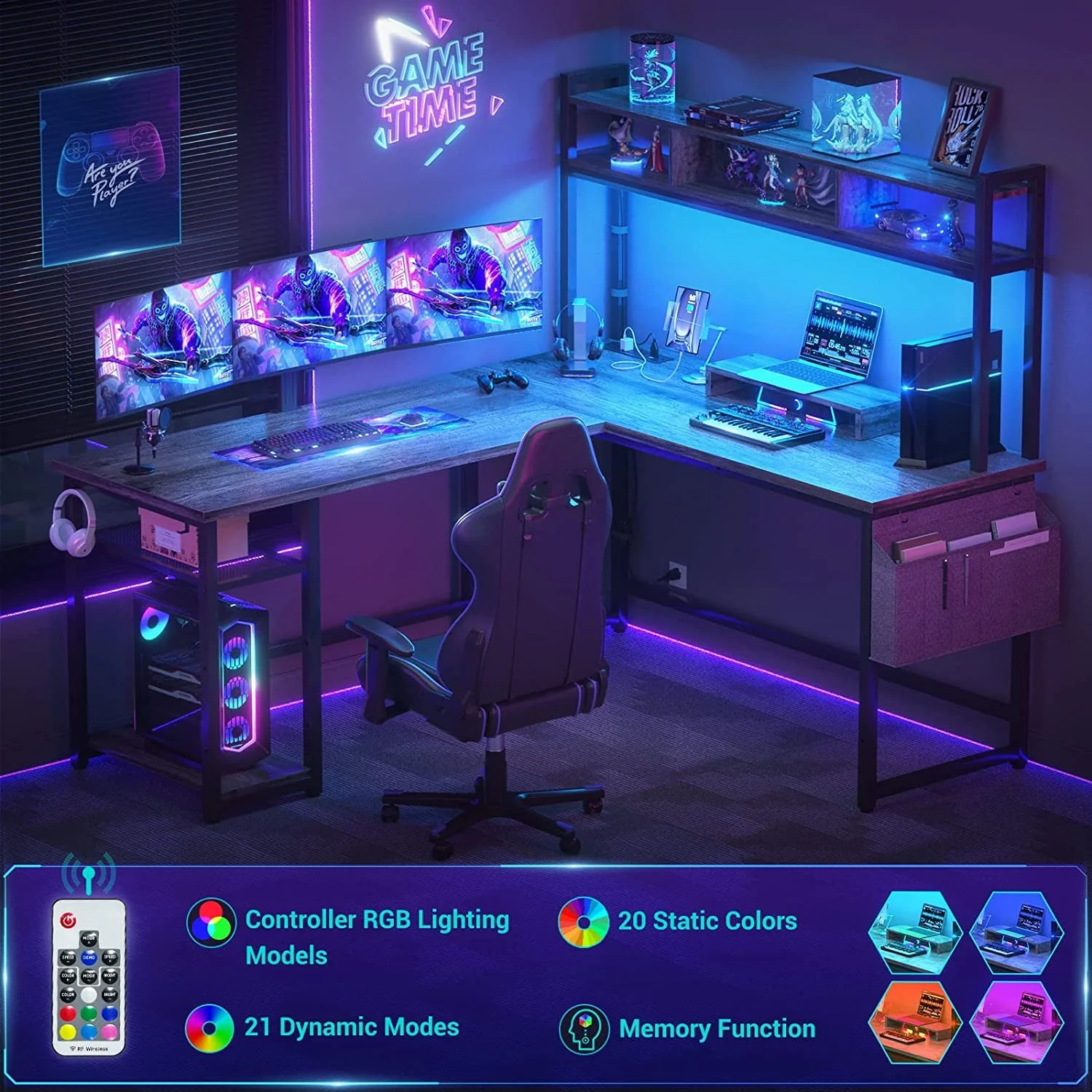 Homieasy L Shaped Desk with Power Outlet & USB Ports, 86.6'' Reversible L-Shaped Gaming Desk with Monitor Stand & LED Strip, 2 Person Corner Computer Desk with Hutch for Home Office, Grey Oak