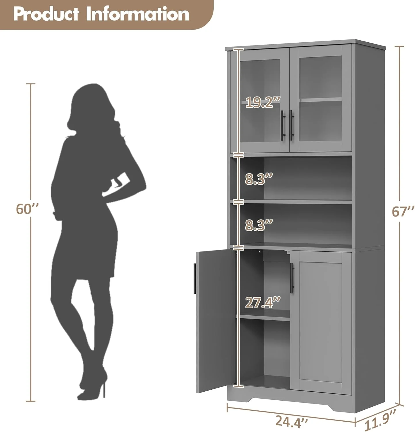 Studyset Tall Bathroom Cabinet, Freestanding Bathroom Storage Cabinet with Glass Doors and Adjustable Shelves, 67