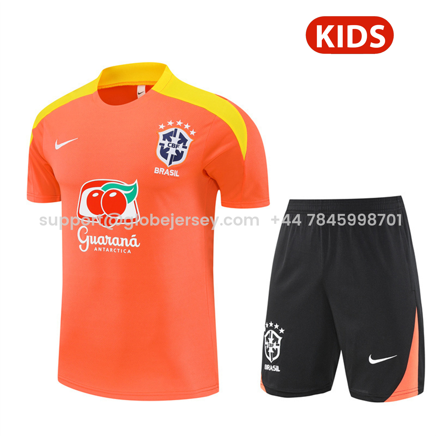 Brazil 25-26 Kids Short-Sleeve Training Set - Orange Top & Black Shorts