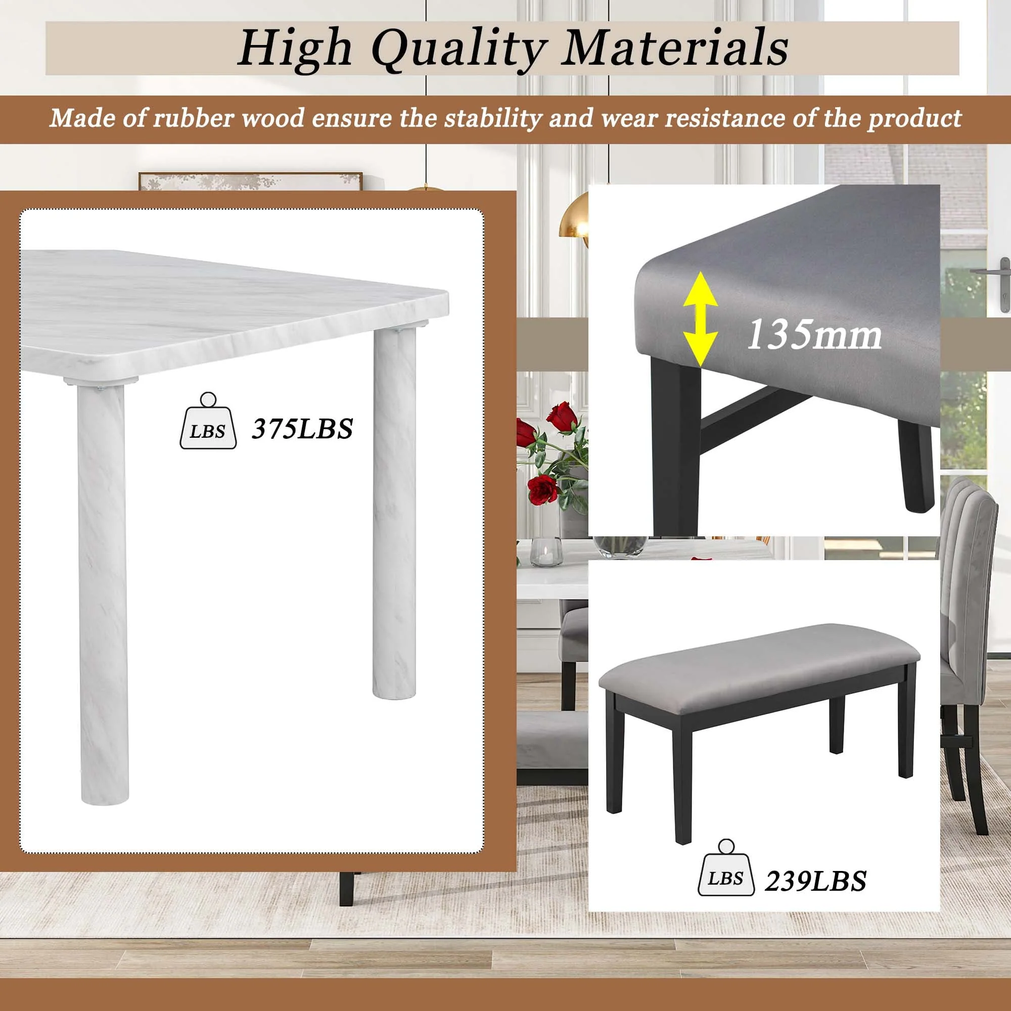 Set of 6 Marble Sticker Dining Table and 4 Velvet Upholstered Dining Chairs and Bench (White+Grey) Dimensions Table: 60
