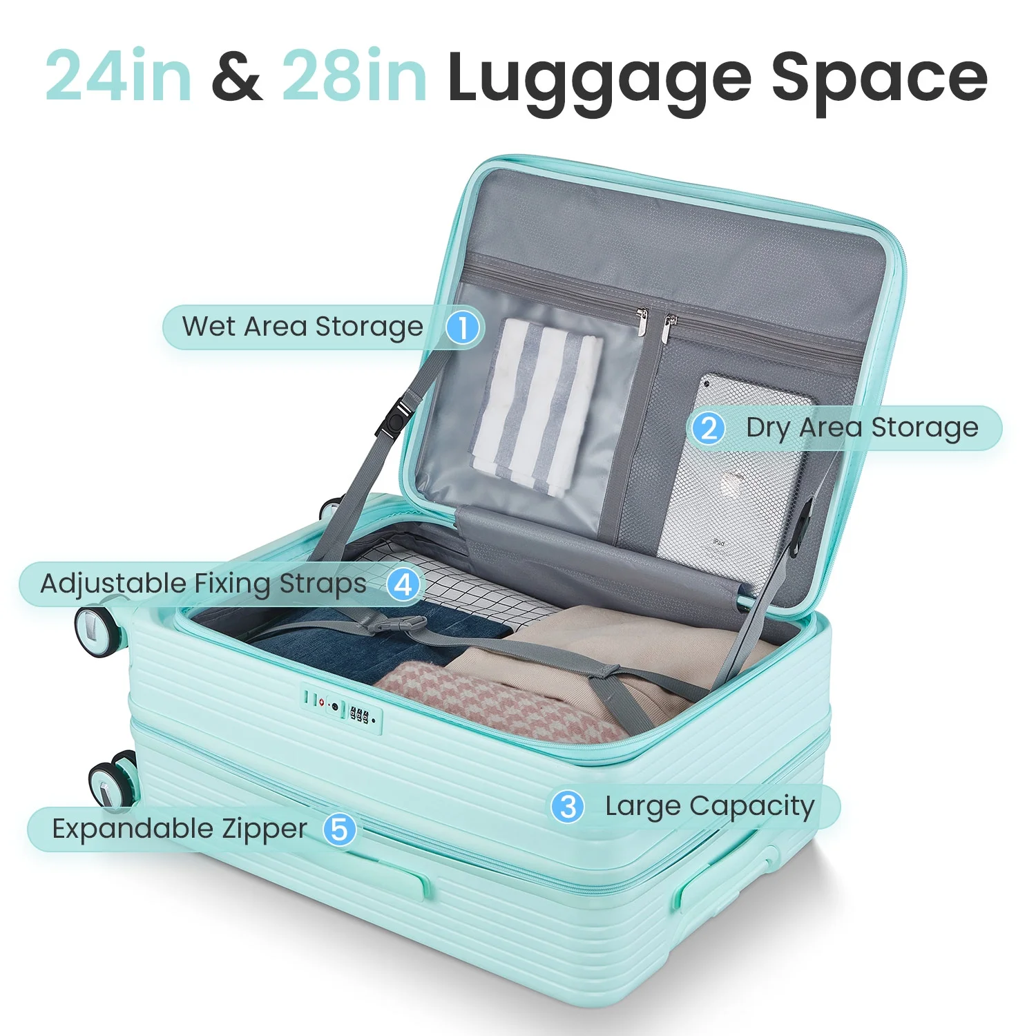 POWANLI 3 Piece Luggage Sets (20''24''28''), PC Hard Shell Expandable Lightweight Carry On Luggage, with Front Pocket and Spinner Wheels, TSA Lock, Airline Approved(Mint Green)