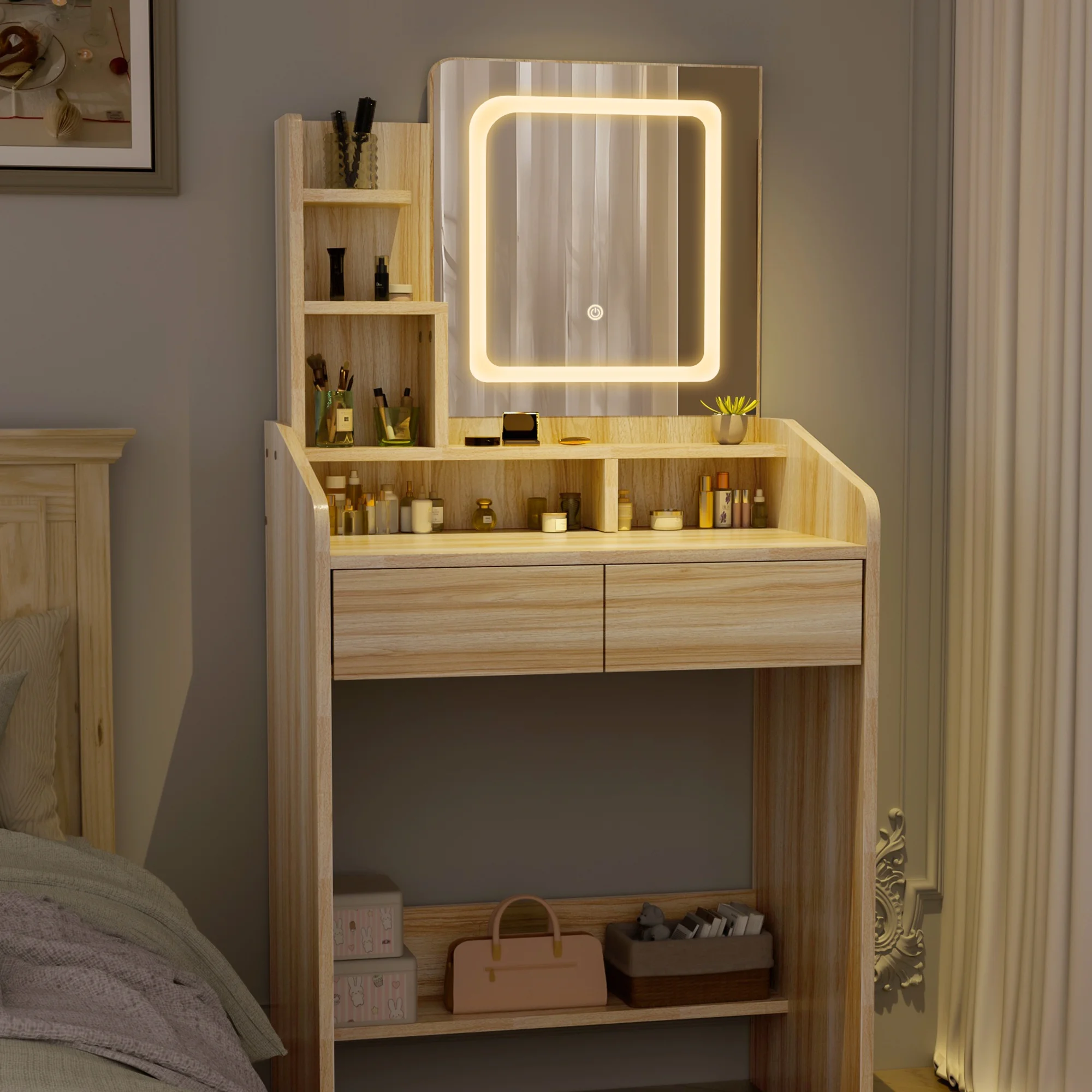 LIVELYGLOW Vanity Desk Set with Square Mirror and Light- Small Vanity Table with Drawers- White