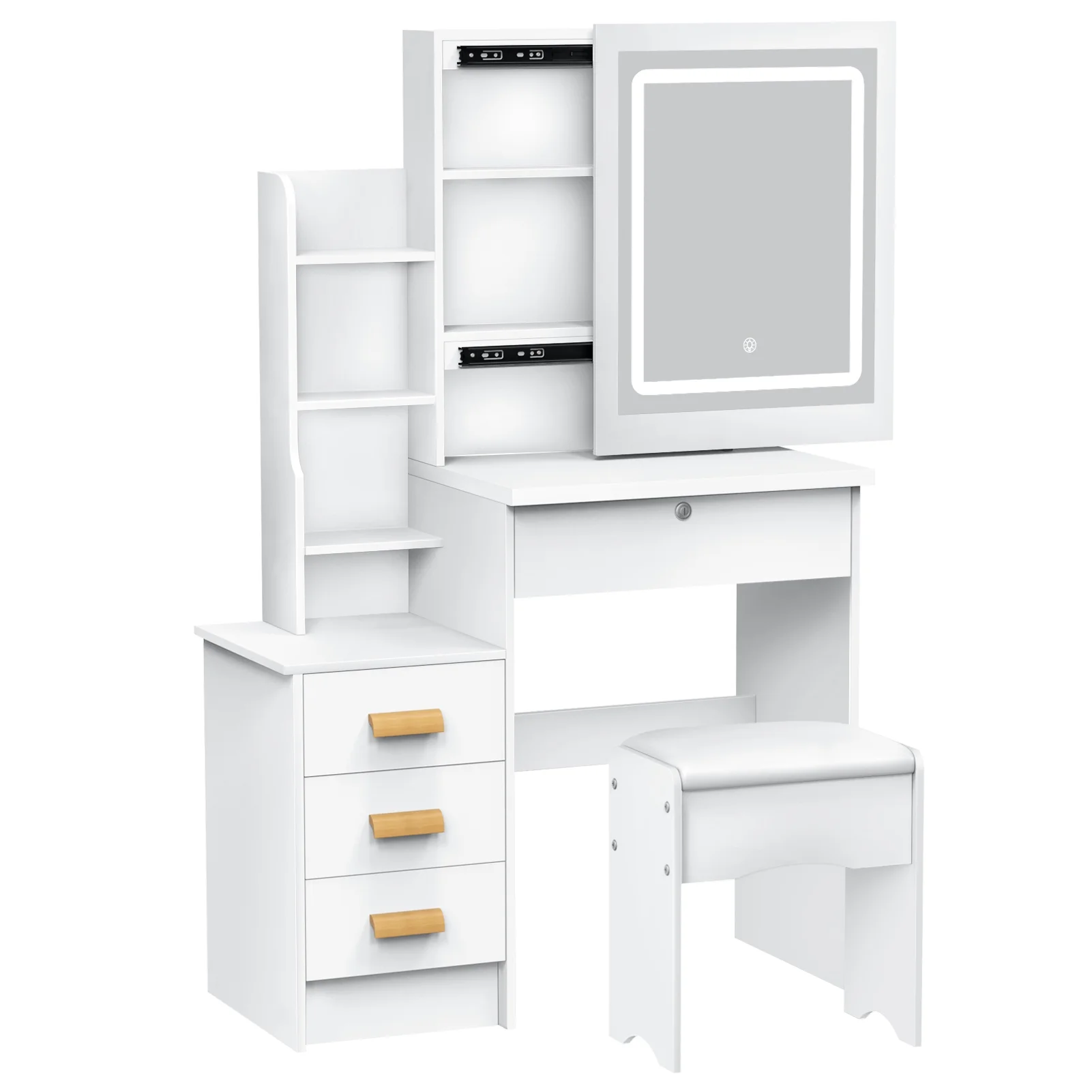 StarBay Makeup Mirror Desk Minimalist Makeup Table Compact Vanity Desk with Sliding Mirror and Lights, Hidden Storage Space, 4 Drawer, Sliding Lighted Mirror