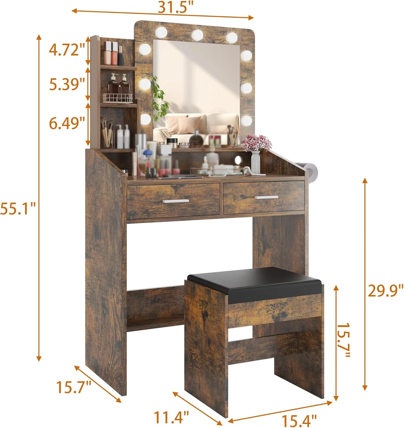 OYang Makeup Vanity with Lights, Vanity Desk with Mirror and Lights Set, Large Drawer and Two-Tier Lots Storage Cabinet, 3 Lighting Modes Adjustable Brightness