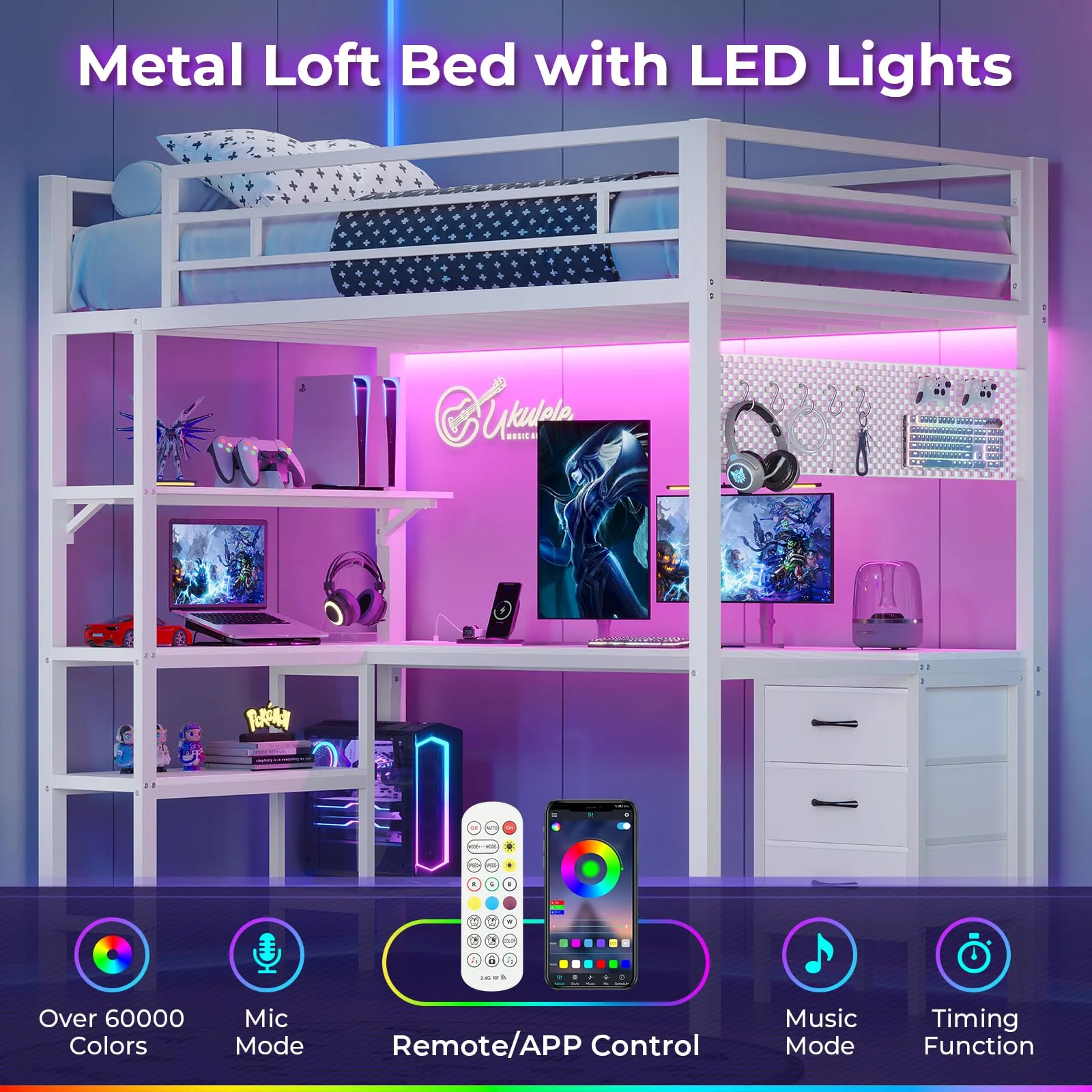 Afuhokles Loft Bed Twin Size with L-Shaped Desk and Charging Station, LED Light Twin Metal Loft Bed with Fabric Drawers and Shelves, Gray
