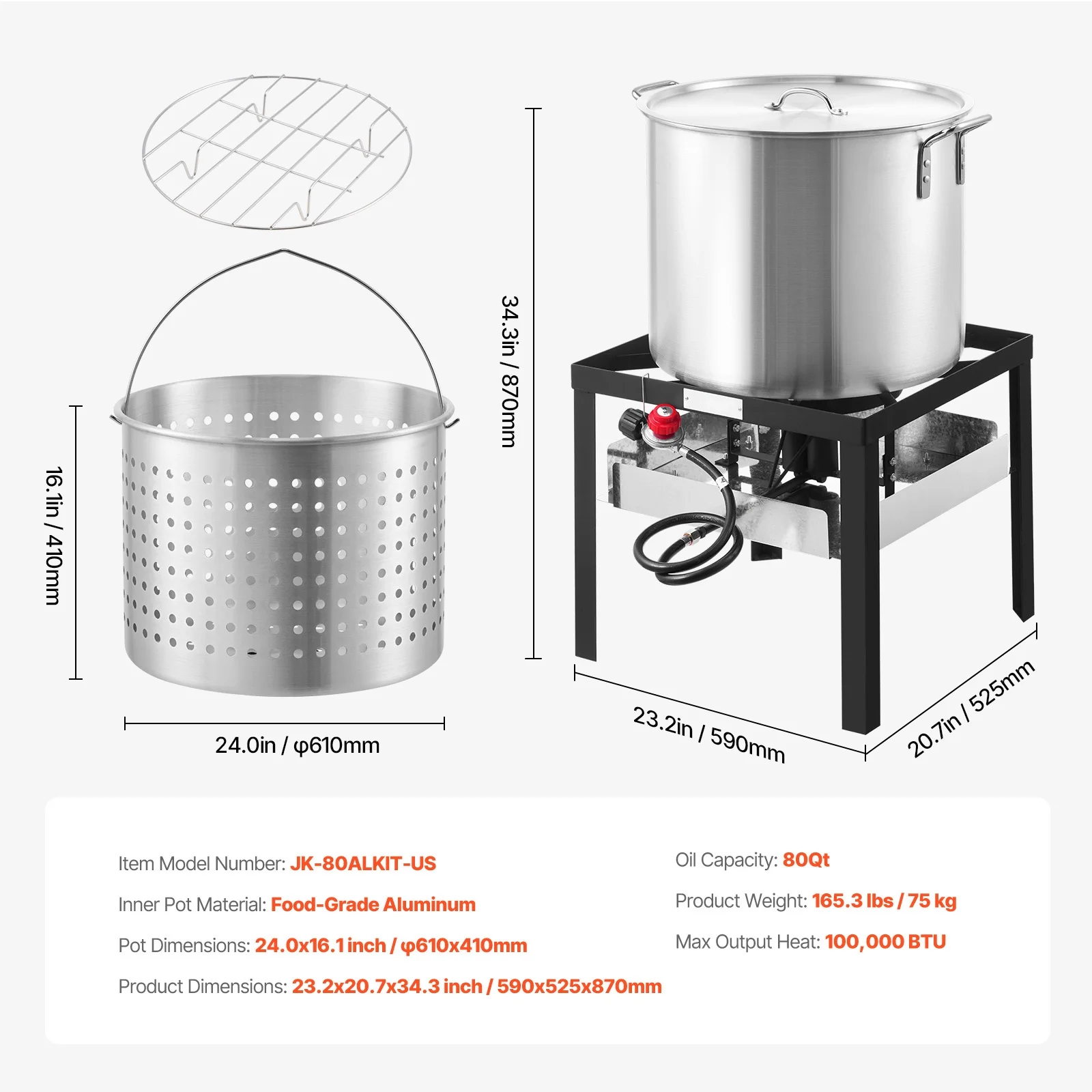 KFFKFF 80 Qt Seafood Cooking Set with Filter, Exterior Seafood Boil Container and Holder, Culinary Kit, Aluminum Soup Pot with 100,000 BTUs Propane Heater and Steam Grid