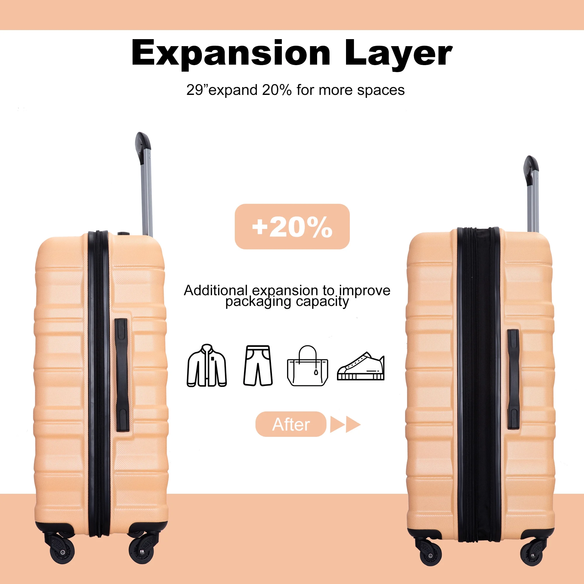 PAPROOS Hardside Luggage Set, 3 Piece 21in 25in 29in Carry on Suitcases Set with 2 Hooks and TSA Lock, Modern Lightweight Luggage Set, Hardshell Expandable Suitcase Set for Family Travel, Black