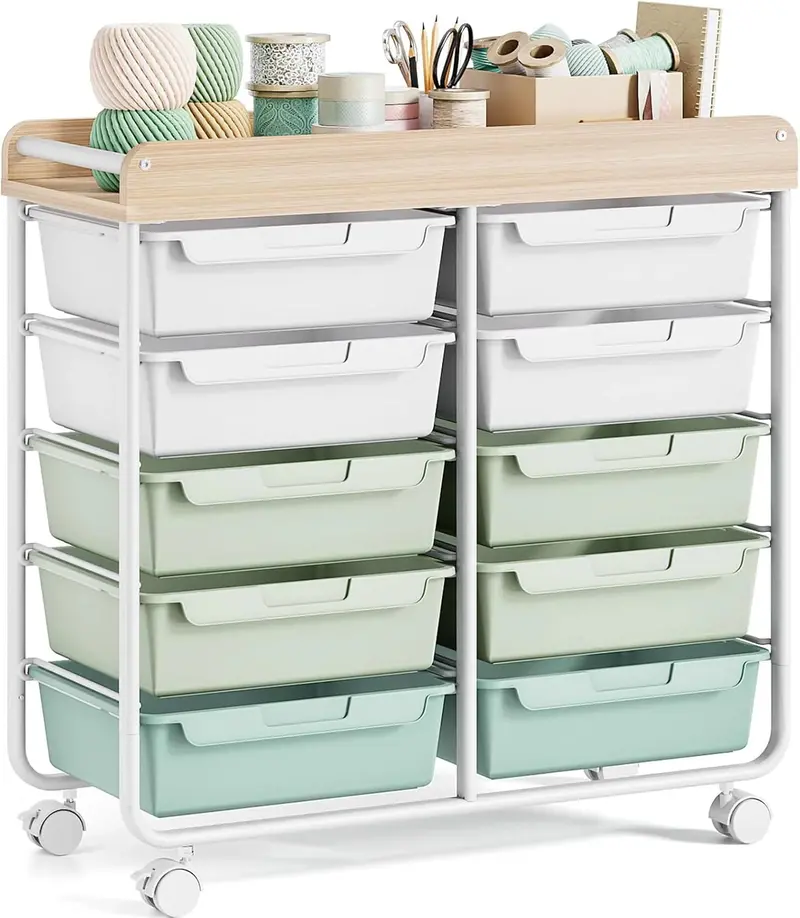 10-Drawer Rolling Craft Cart – Wooden Top Utility Organizer with Casters for Home. Office. or Classroom