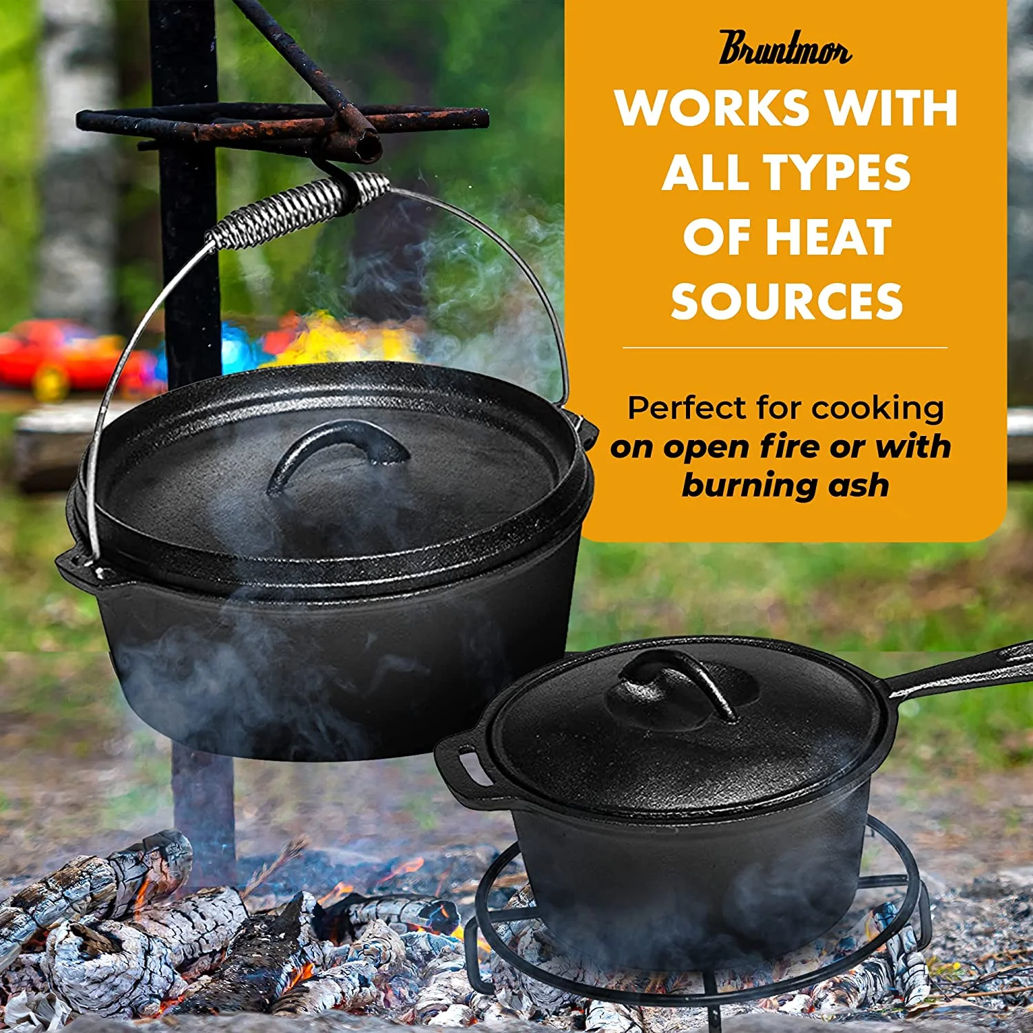 Bruntmor Camping Cooking Set Of 7 - Pre Seasoned Cast Iron Pots, Pans, and Dutch Ovens with Lids for Outdoor Campfire Cooking - Skillet Grill Cookware Set with Storage Box