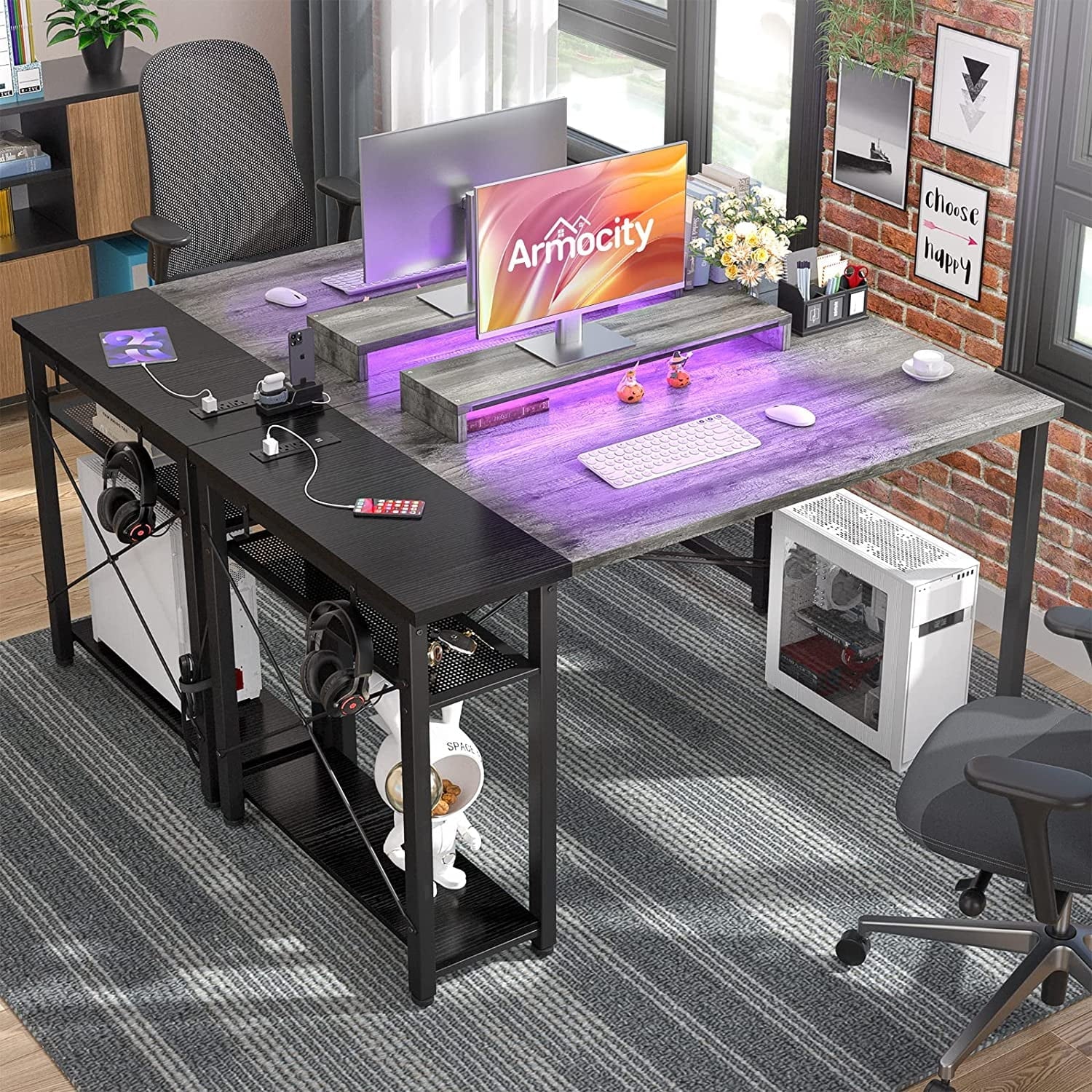 Homieasy Computer Desk with Power Outlet and USB Ports, 40 inch Reversible Ergonomic Gaming Desk with Monitor Stand and LED Strip, Small Desk Office Desk Writing Desk with Storage, Grey and Black