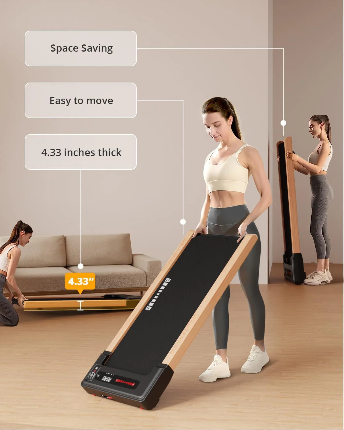 Sunnyroad 2.5HP Walking Pad Wood Under Desk Treadmill , Portable Mini Treadmill with Remote Control, Bluetooth, 265lbs Capacity, Installation-Free Jogging Machine for Home/Office