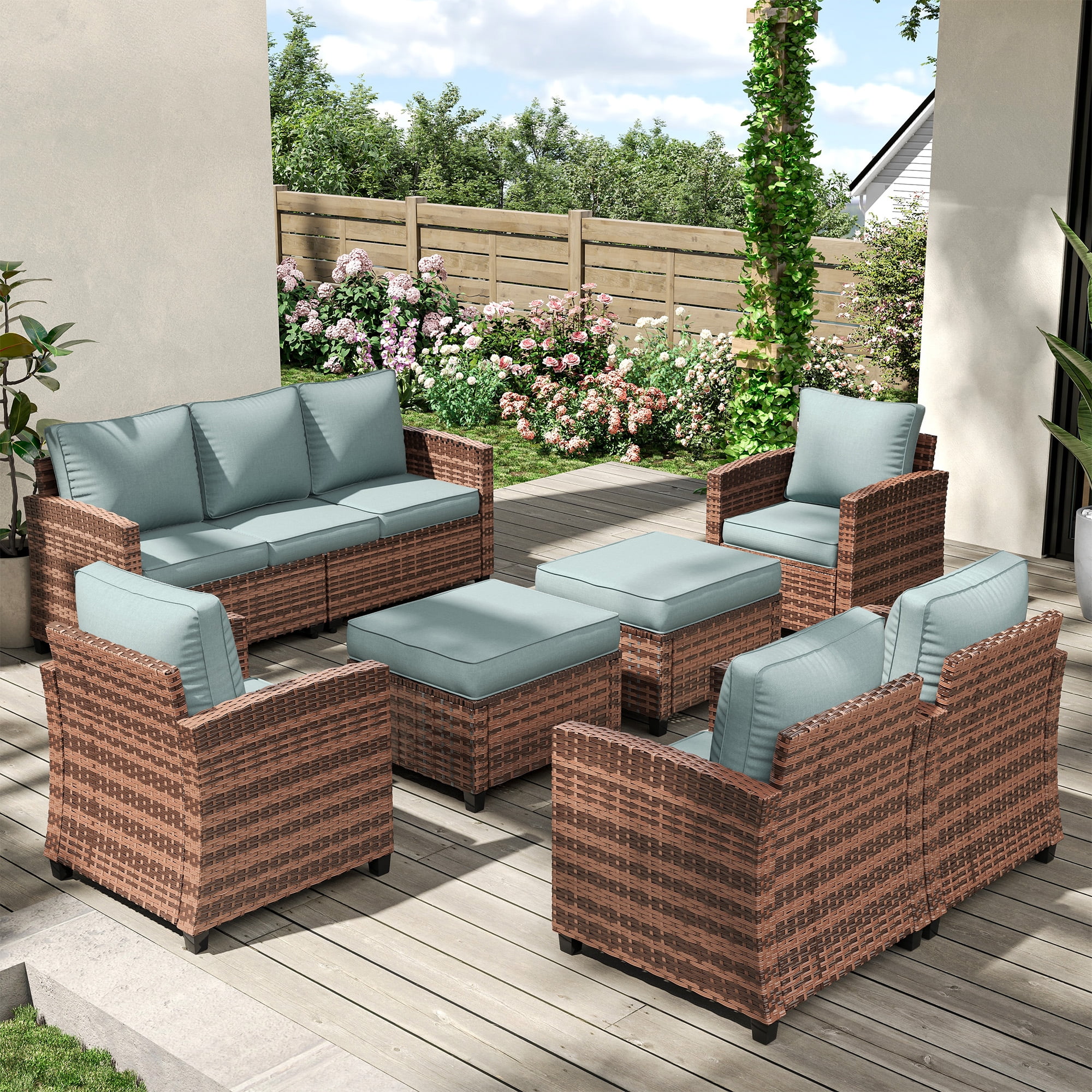 POTEBAN Patio Furniture Set, 7 Pieces Outdoor Sectional Sofa Couch with Chairs, Ottomans and Comfy Cushions, All Weather Wicker Rattan Patio Conversation Set for Garden Backyard Dark Grey