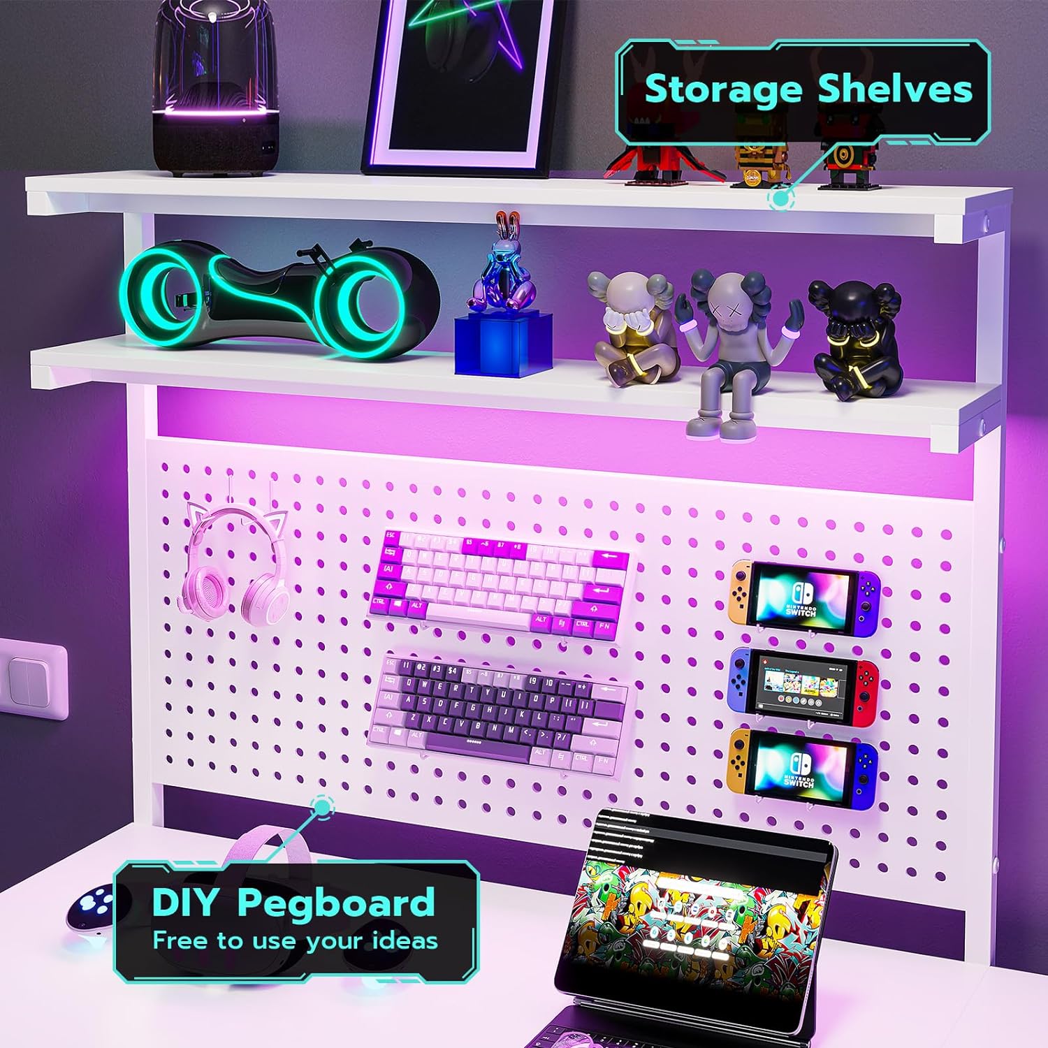 SEDETA White L Shaped Gaming Desk with LED Lights and Drawers, Gaming Desk with Hutch & Pegboard, Computer Desk with Monitor Stand, Storage Shelves, Home Office Desk Corner Desk, Gaming Table