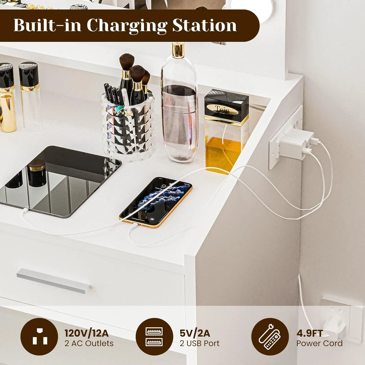 OYang Makeup Vanity with Lights, Vanity Desk with Mirror and Lights Set, Large Drawer and Two-Tier Lots Storage Cabinet, 3 Lighting Modes Adjustable Brightness
