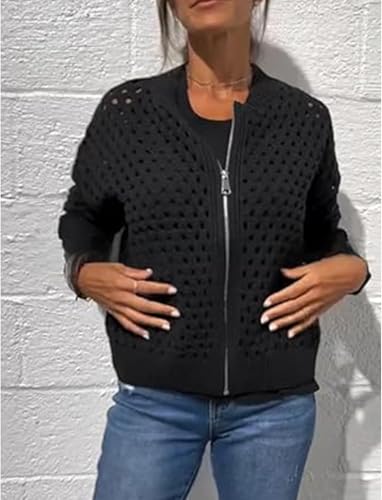 Women's Casual Hollow Knitwear Zipper Jacket, Crochet Fishnet Knit Shrugs Sweater Jacket Lightweight Cardigans Sweater