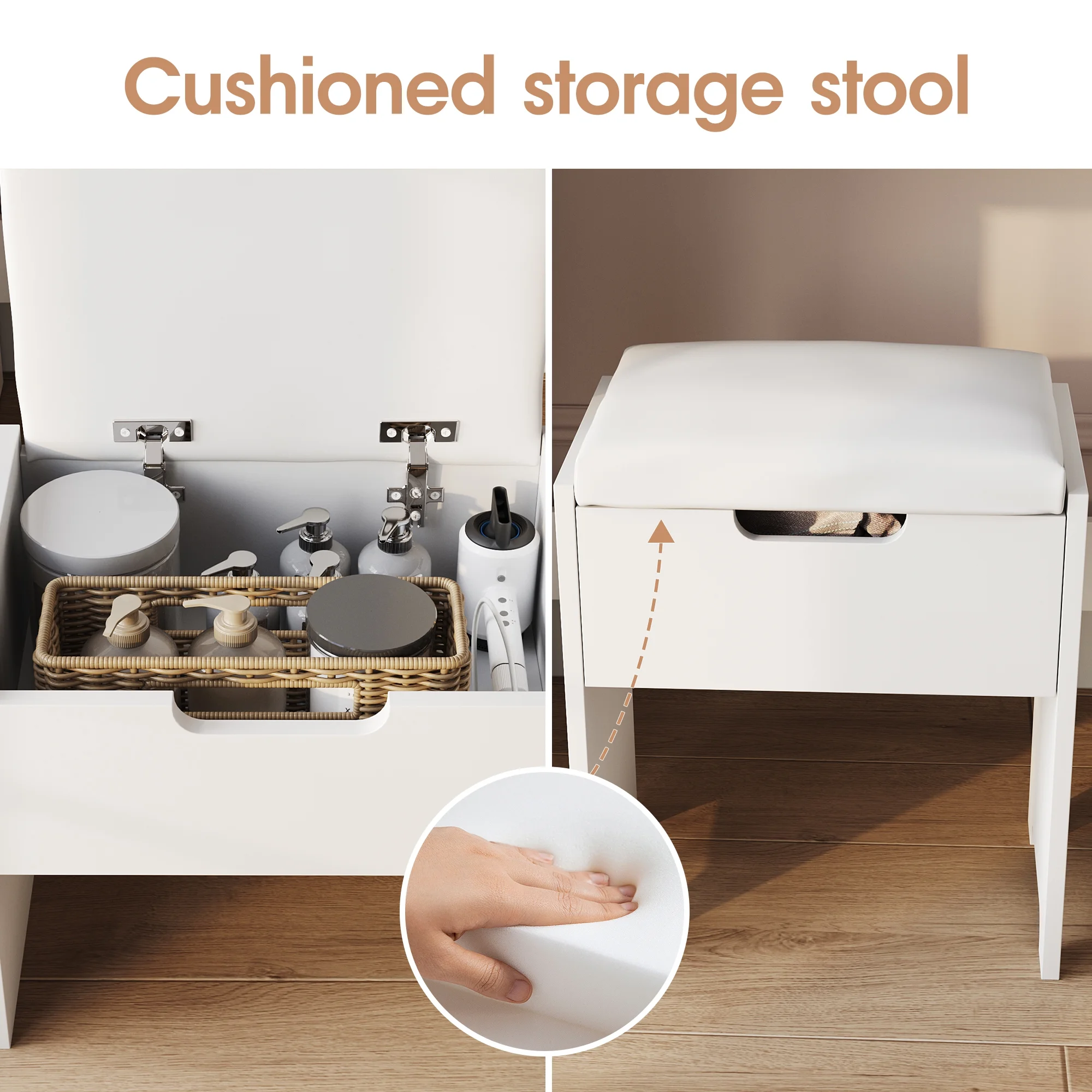 Veanerwood Makeup Vanity Desk with Lighted Mirror & Power Strip, Girls Dressing Table with Storage Shelves, White