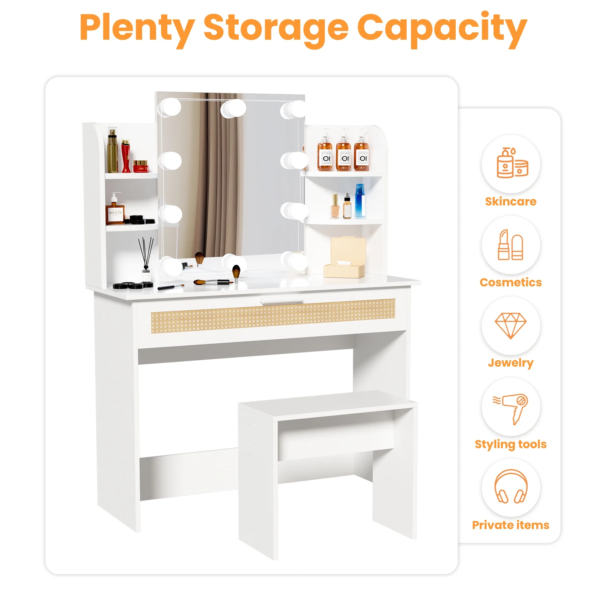 Resenkos Vanity Desk Set with Mirror and Lights for Makeup, 5 Drawers Storage Dresser for Bedroom, White