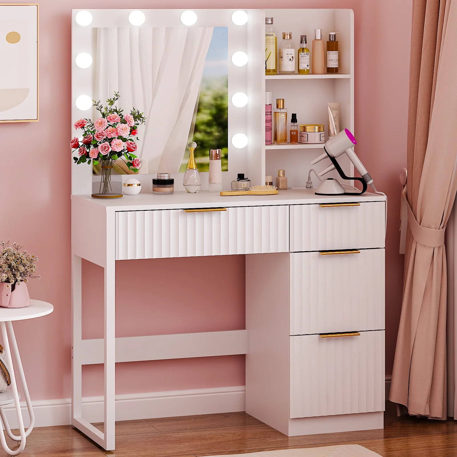 Ktaxon Vanity Set with 3 Color Lighted Mirror, Makeup Table with 3 Storage Shelves & Drawers, Dressing Table Makeup Desk with Stool,White