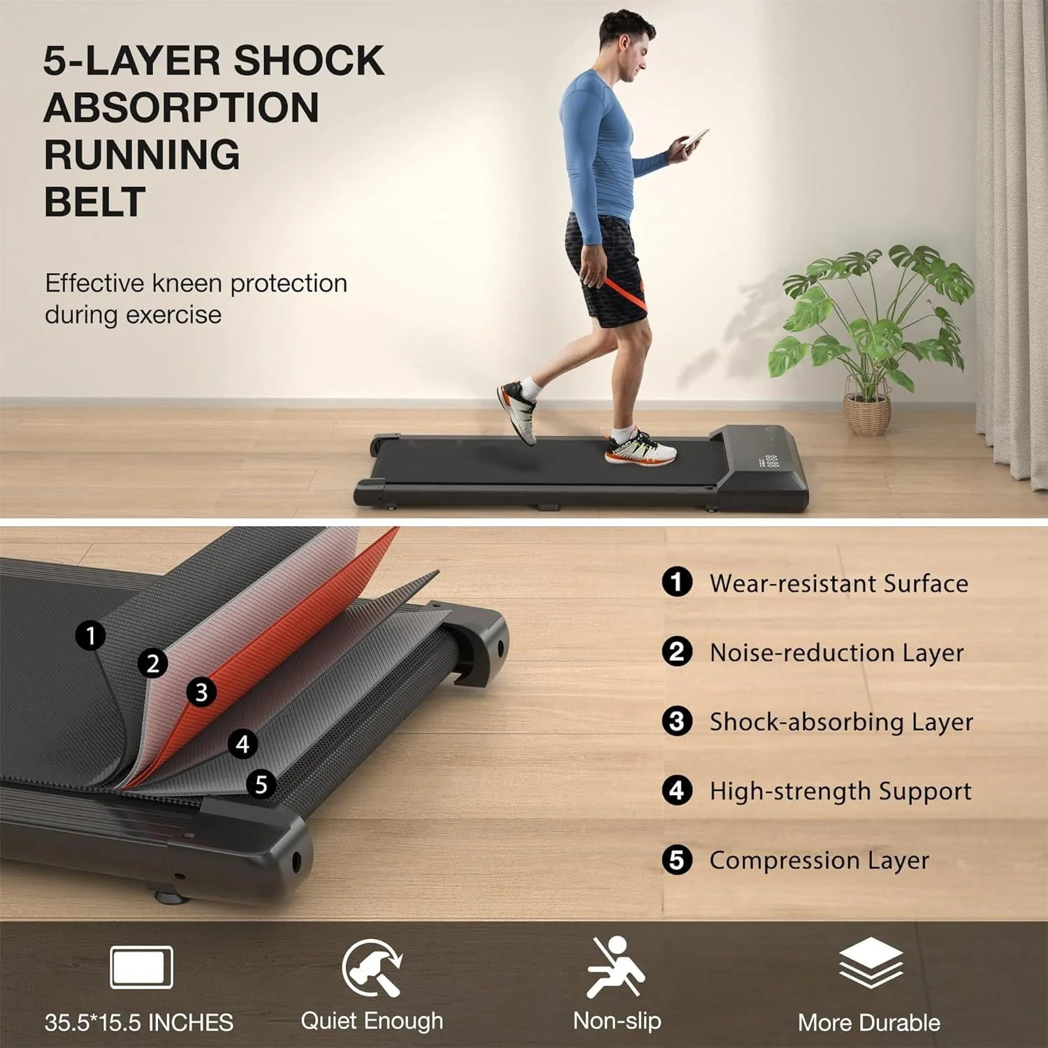 DeerRun Under Desk Treadmill, 35.5*15.5 Walking Area Walking Pad for Home/Office, Portable Walking Treadmill 2.5HP, 2 in 1 Electric Desk Treadmill with Remote Control and LED Display