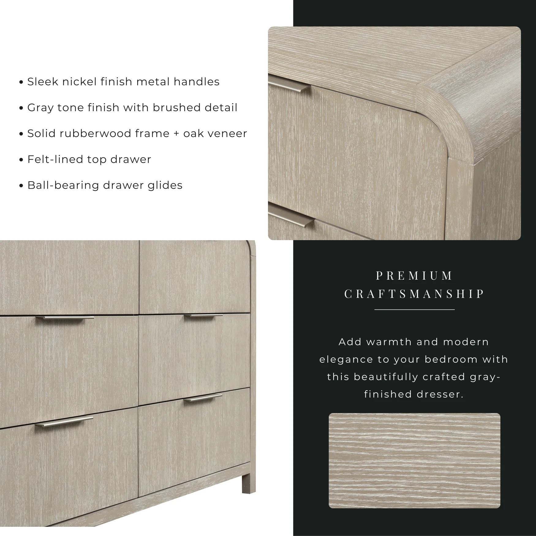 Roundhill Furniture Tavari 6-Piece Bedroom Set with Panel Bed, Dresser, Mirror, Two Nightstands, and Chest in Light Gray, King Size