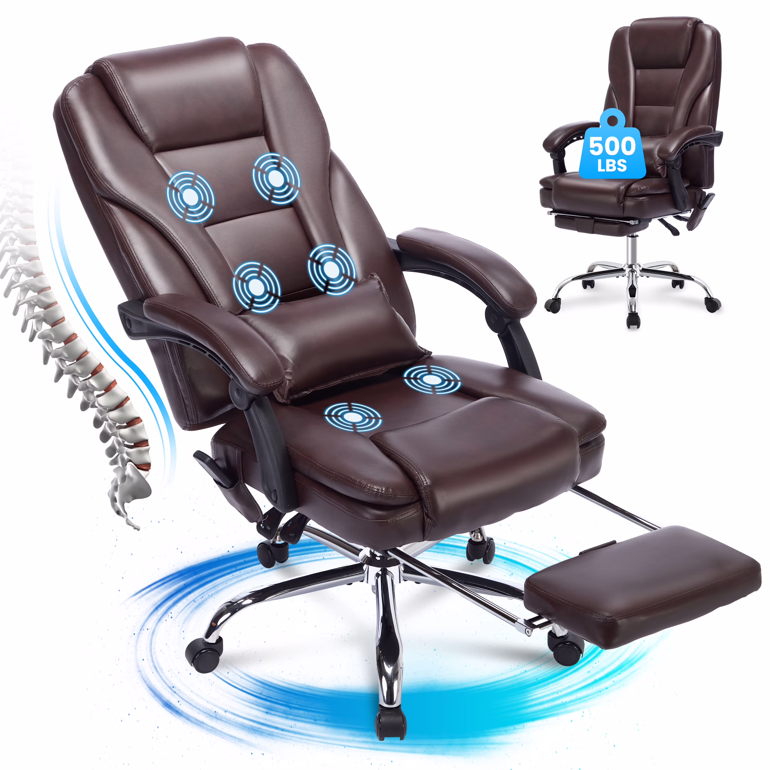 JONPONY Big and Tall Office Chair 500LBS Executive Office Chair Massage and Footrest Ergonomic Computer Desk Chair Reclining High Back Leather Office Chair Lumbar Back Support Swivel Rolling,Black
