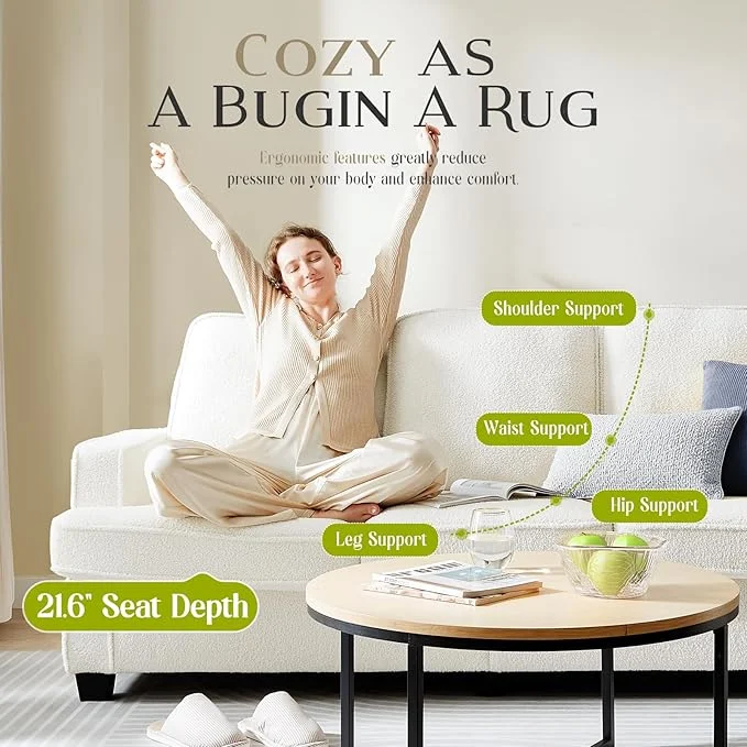 GINOST  Couches for Living Room, 82�� Spacious Deep Seat Sofa for Living Room/Bedroom/Office/Apartment, Sofa Bed for Small Spaces, Detachable Futon Couch Cover, Easy to Install, Beige Teddy Fleece