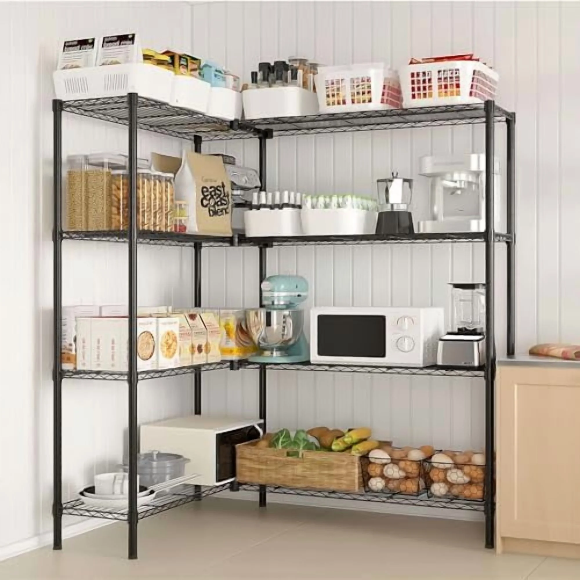 Tier Storage Shelves Standing Shelf Units NSF Wire Garage Organizer Heavy Duty Garage Shelving Unit L Shaped Clothes Rack for Corner Laundry Bathroom Kitchen Pantry Closet (Black, 4 Tire)