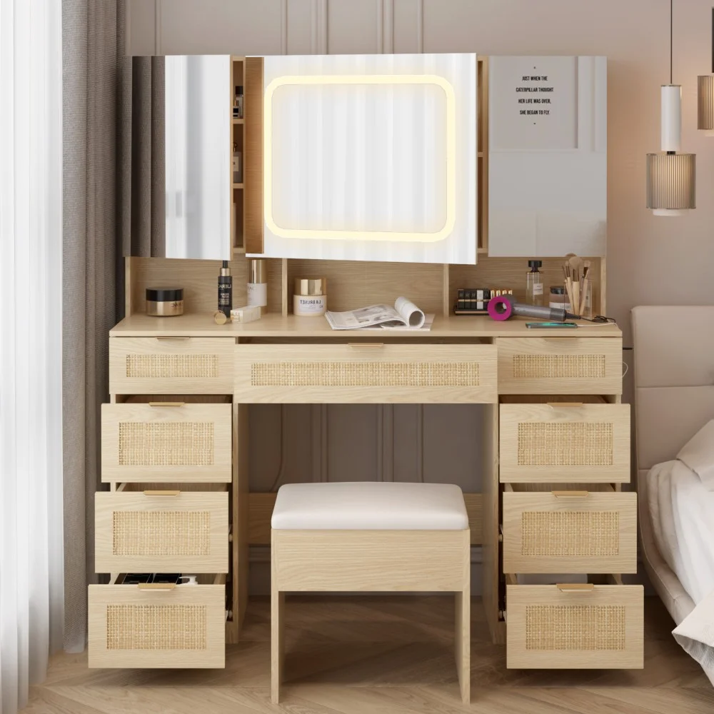 IVV Vanity Desk Set with Large LED Lighted Mirror & Power Outlet, Makeup Dressing Table with 9 Drawers and 3 Cabinets in Mirrored Doors, 47