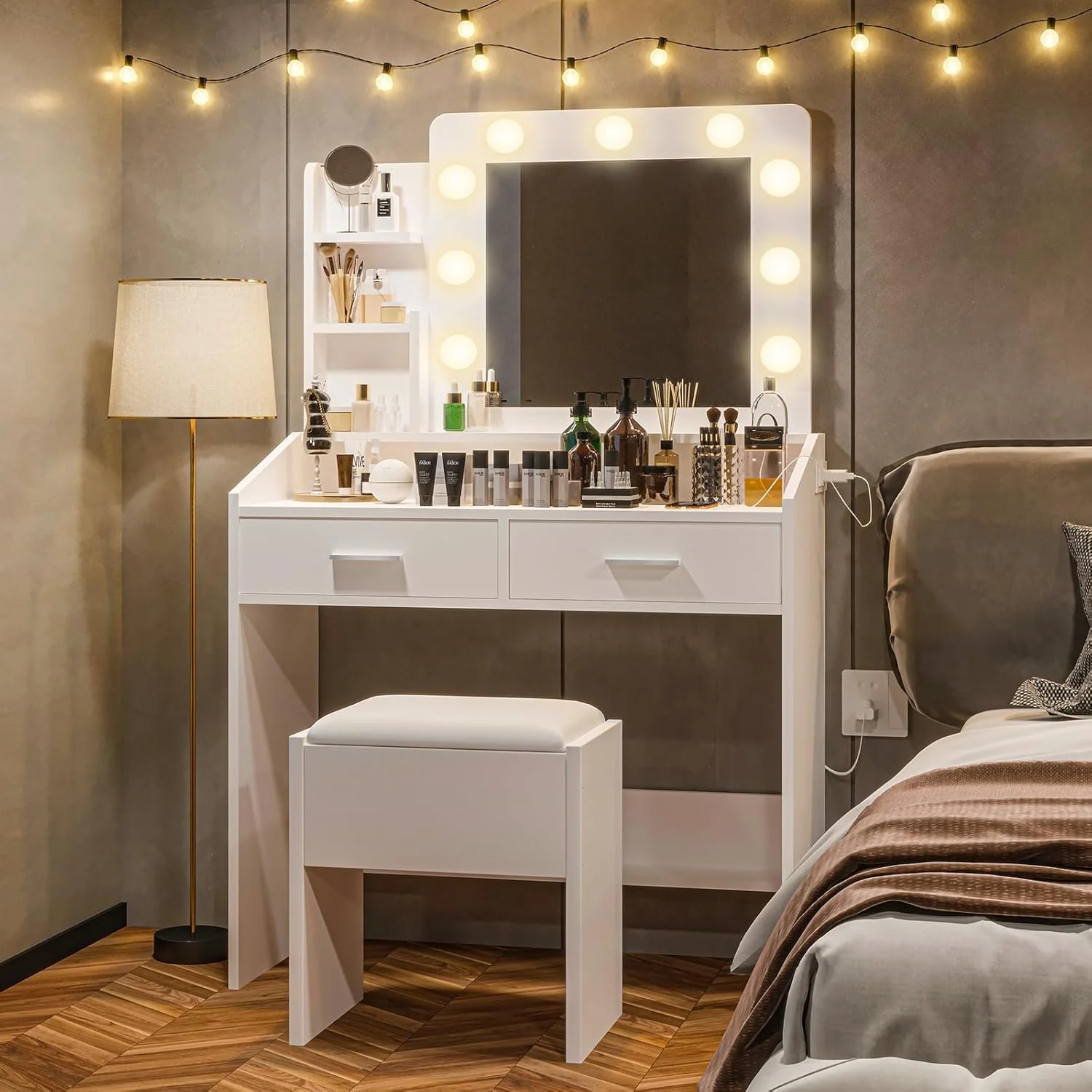 OYang Makeup Vanity with Lights, Vanity Desk with Mirror and Lights Set, Large Drawer and Two-Tier Lots Storage Cabinet, 3 Lighting Modes Adjustable Brightness
