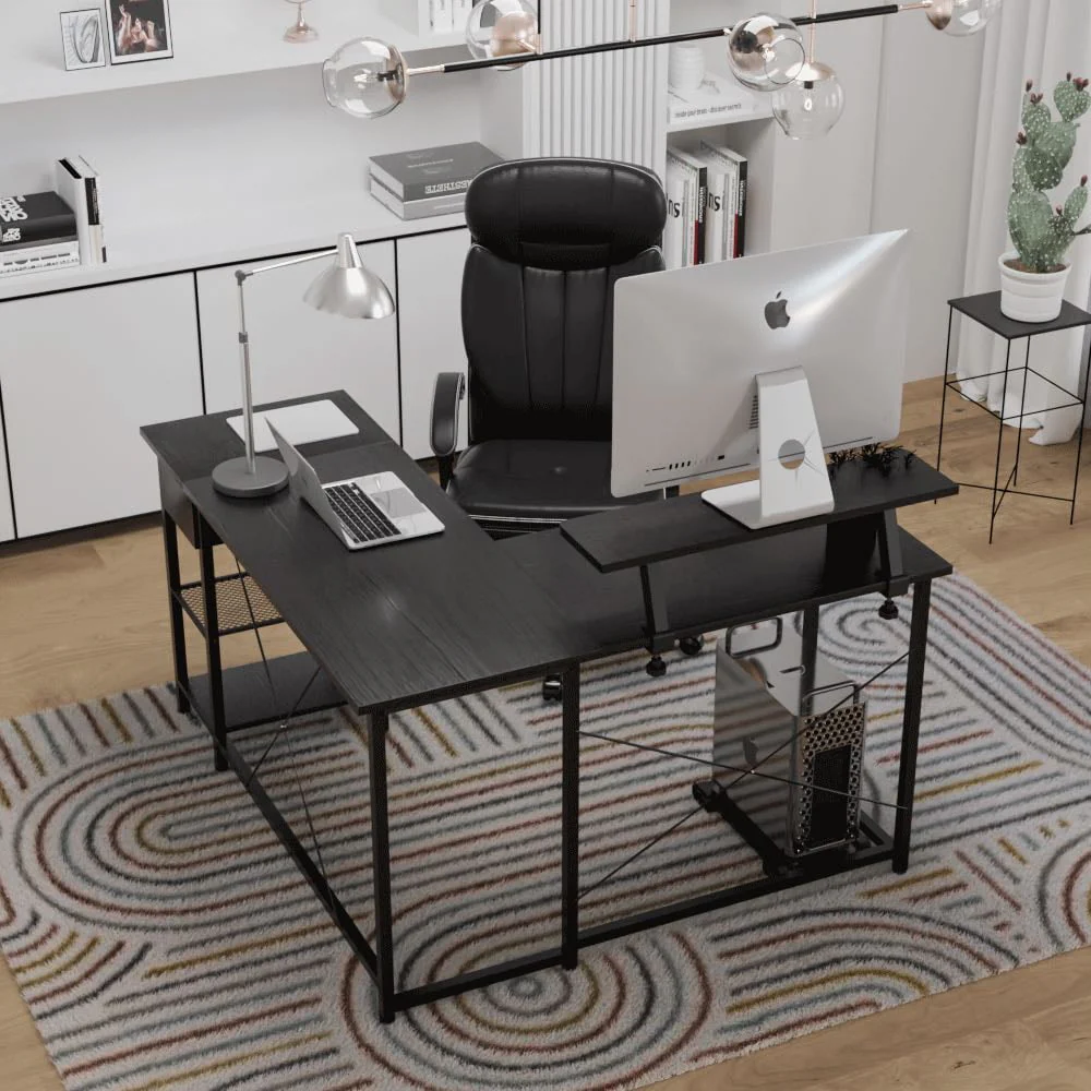 L Shaped Computer Desk with Storage Shelves, Hook and Monitor Stand, Modern Reversible Corner Gaming Table Sturdy Writing Workstation Space Saving for Home Office, Black
