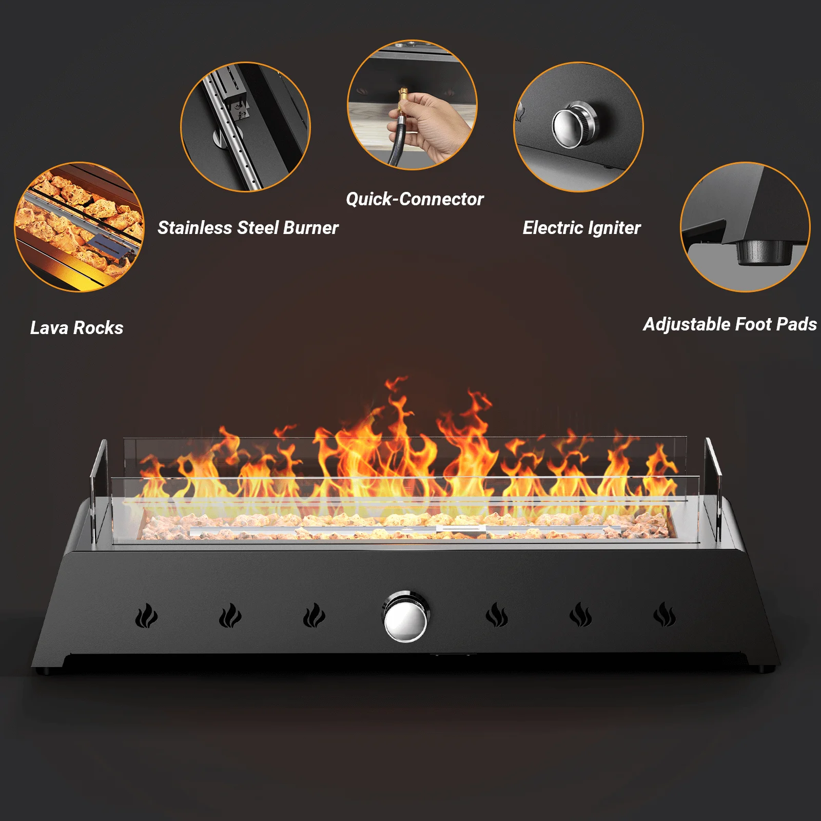 AJ Enjoy 40,000 BTU Tabletop Propane Fire Pit, 28'' Outdoor Rectangle Steel Fireplace with Wind Glass Shield, Laval Rocks
