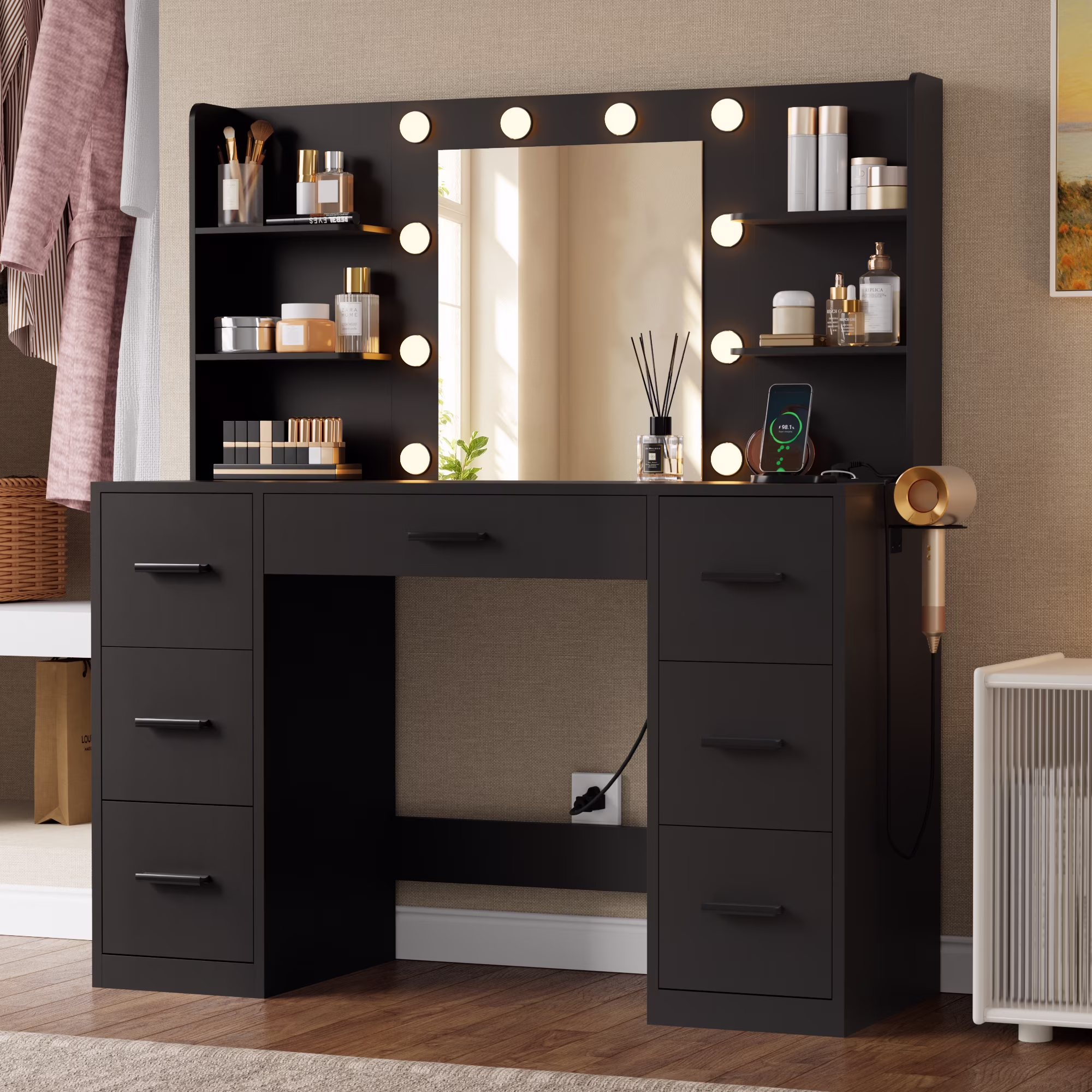 Lacoo Vanity Desk with Mirror and LED Lights, Makeup Vanity with 7 Drawers & 4 Shelves, Vanity Table with Power Outlet for Bedroom Dressing Room, White