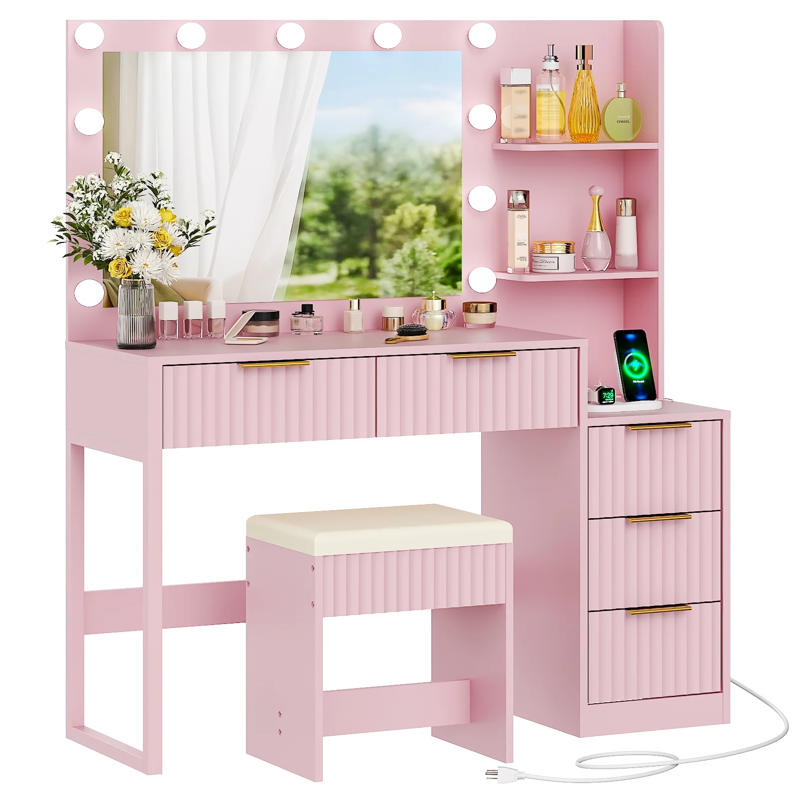 Ktaxon Flutted Makeup Vanity Table Set with 5 Drawer, Dressing Table w/Charging Station, Vanity Desk for Femal Gift, White