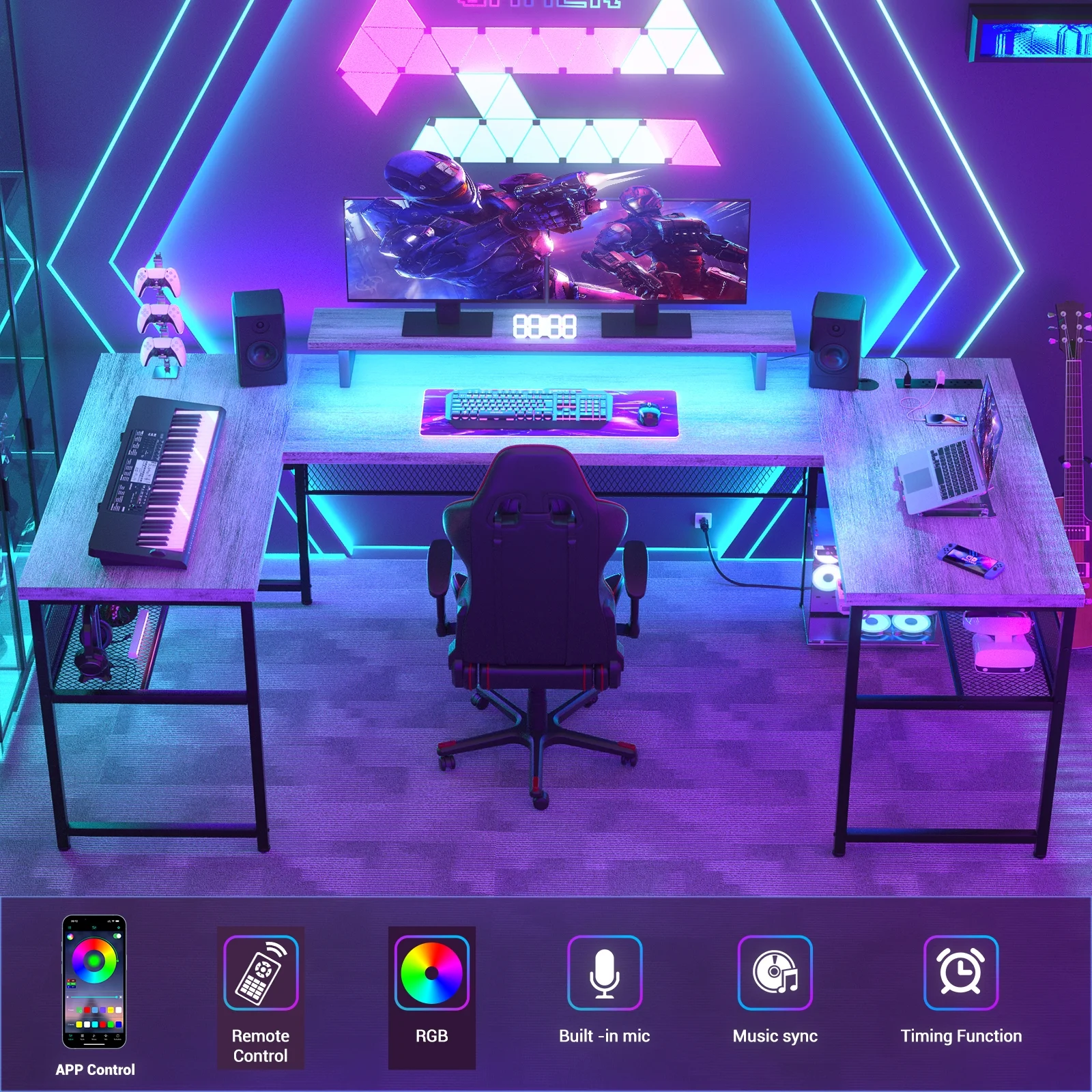 Homieasy U Shaped Desk with Power Outlet and LED Strips, 129.9'' Ergonomic L-Shaped Gaming Desk with Monitor Stand, Reversible Corner Computer Desk with Storage Shelf for Home Office, White Oak