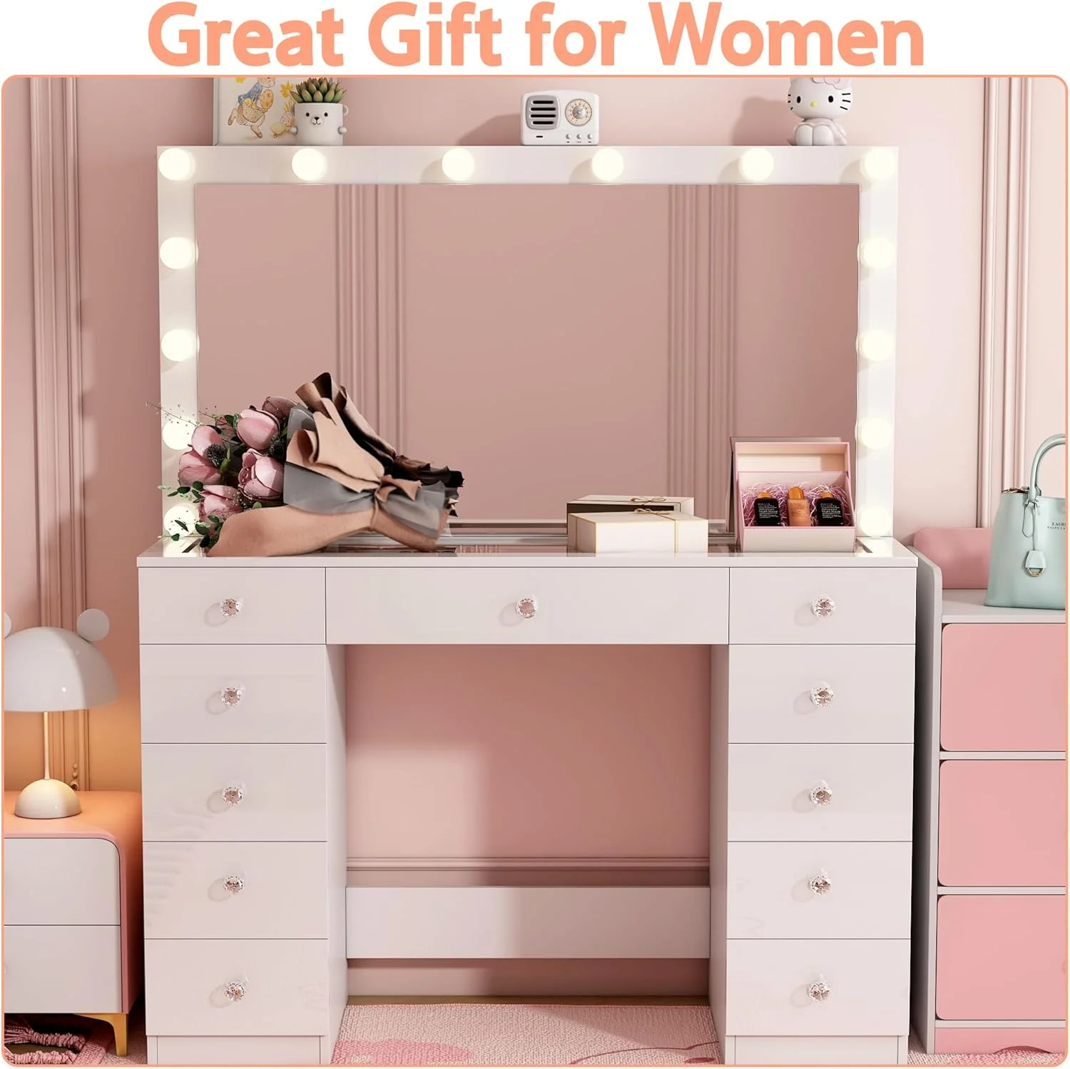 Linor Modern Adult Vanity Desk Set with Mirror, 14 LED Lights, 11 Drawers, Glass Top, White